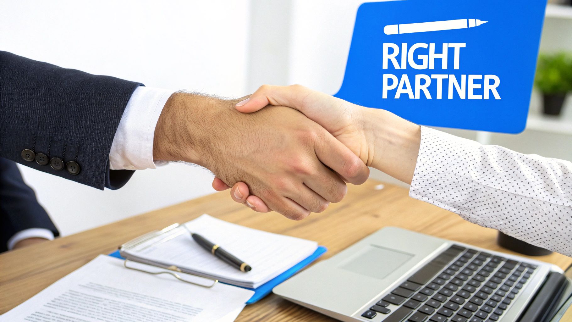Business professionals shaking hands over desk with right partner sign symbolizing partnership agreement