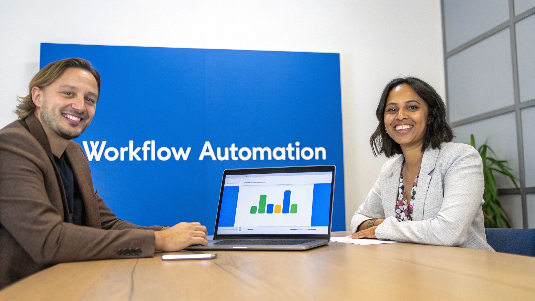 Two smiling business professionals at a desk with a laptop displaying charts, under "Workflow Automation" sign.