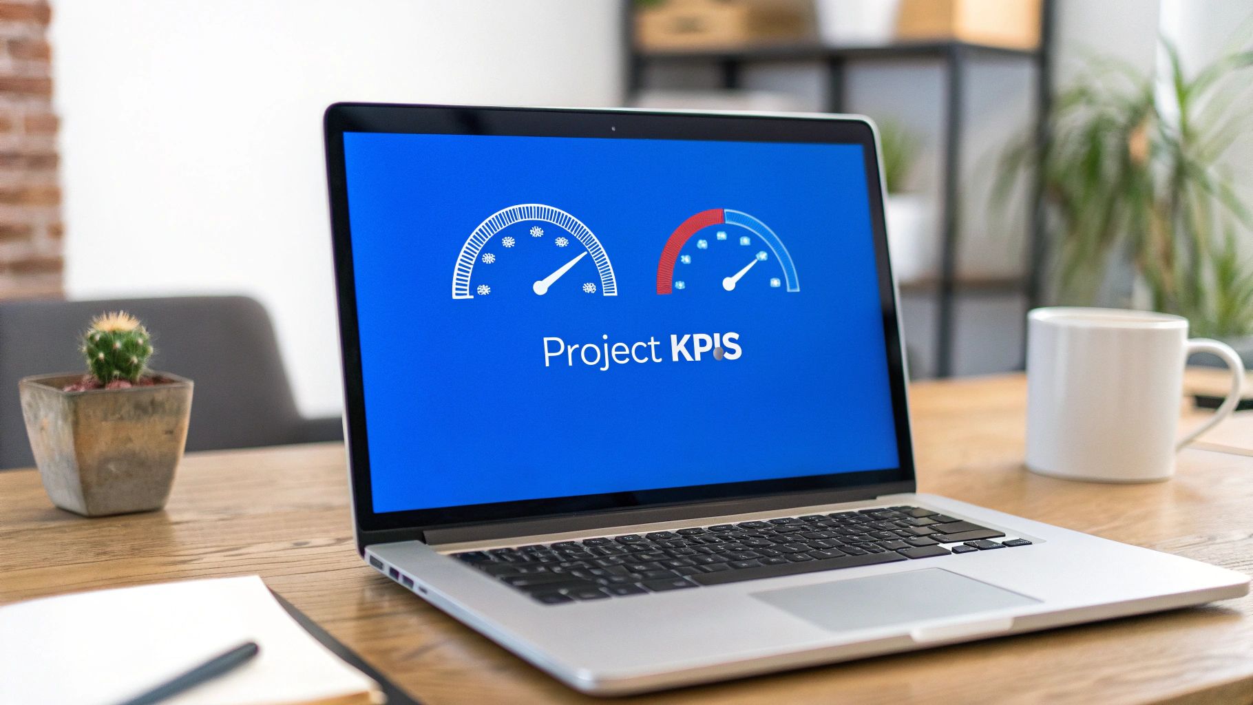 Laptop displaying 'Project KPIs' dashboard with two gauges on a wooden desk with a cactus and mug.