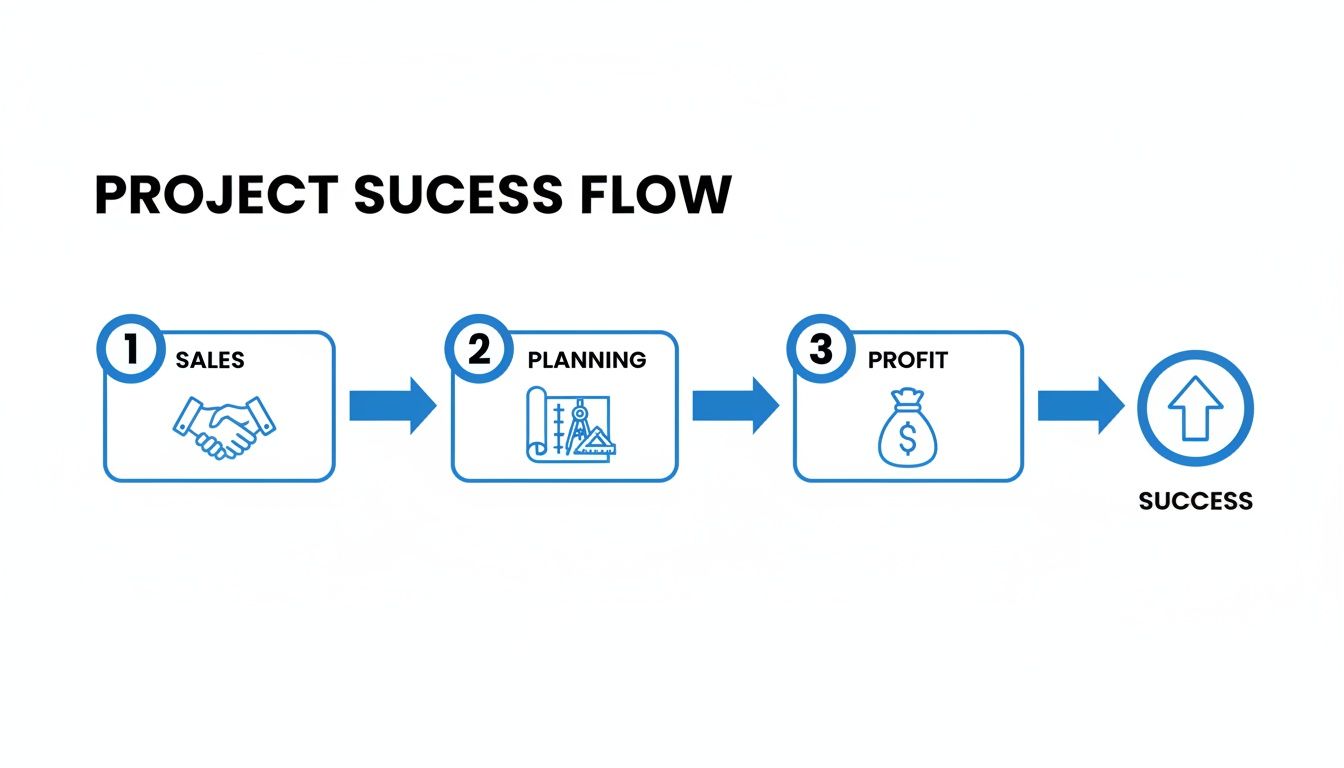 Diagram illustrating the project success flow from sales and planning to profit and ultimate success.