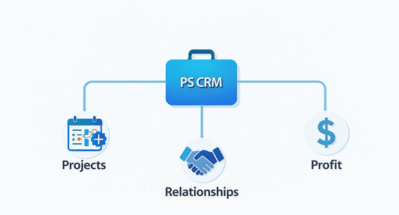 Diagram showing PS CRM (Professional Services CRM) as a central hub connecting to Projects, Relationships, and Profit.