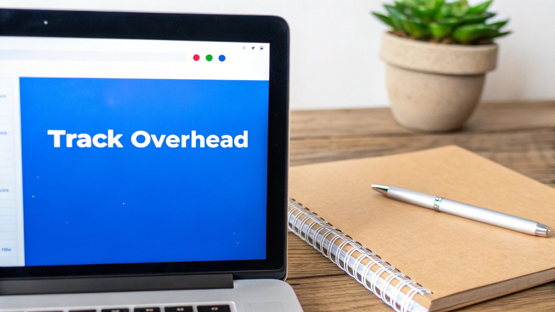 A laptop screen displaying 'Track Overhead' with a notebook and pen on a wooden desk.