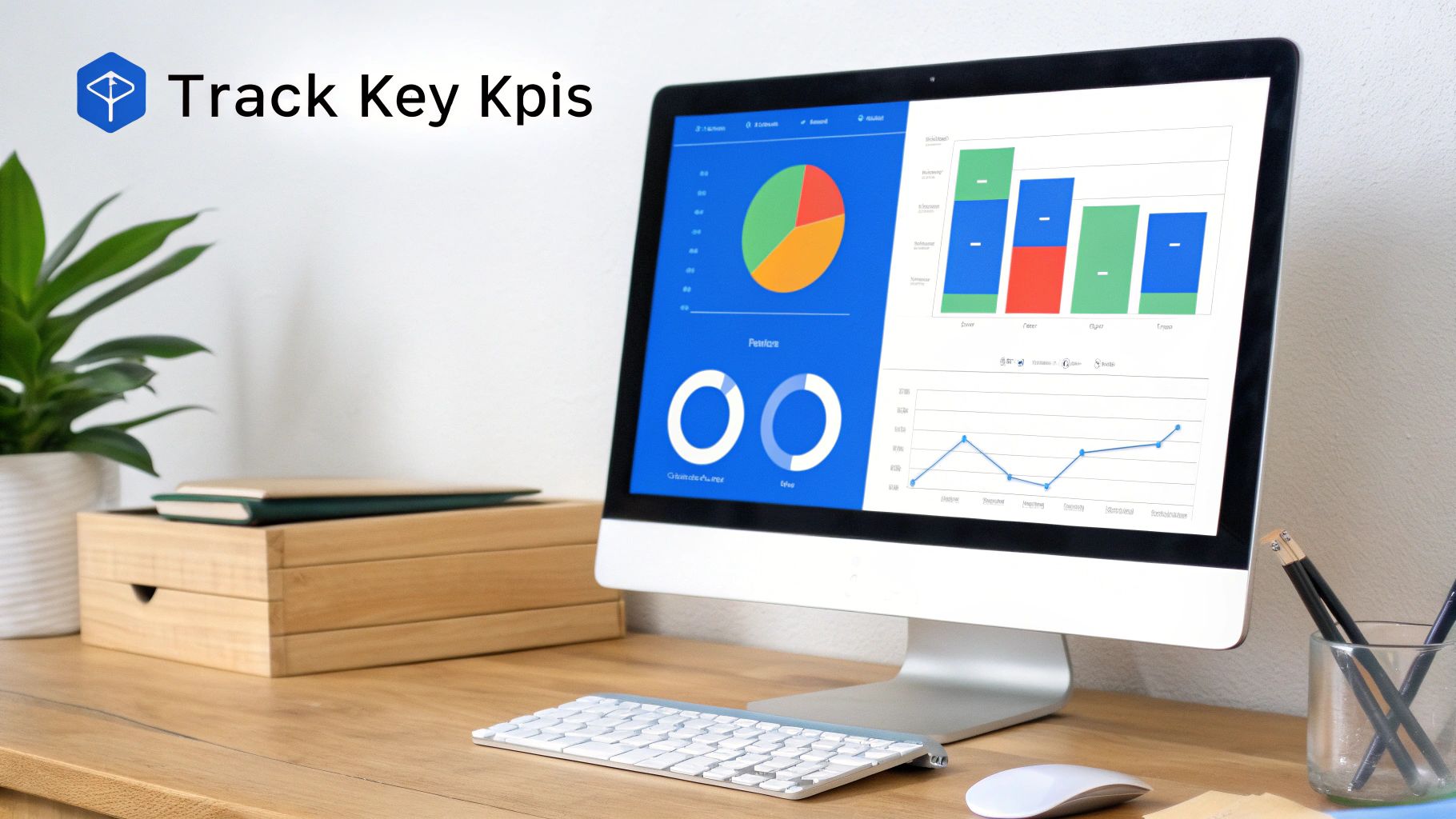 A clean desk setup with a computer showing a data dashboard with charts and graphs, tracking key KPIs.
