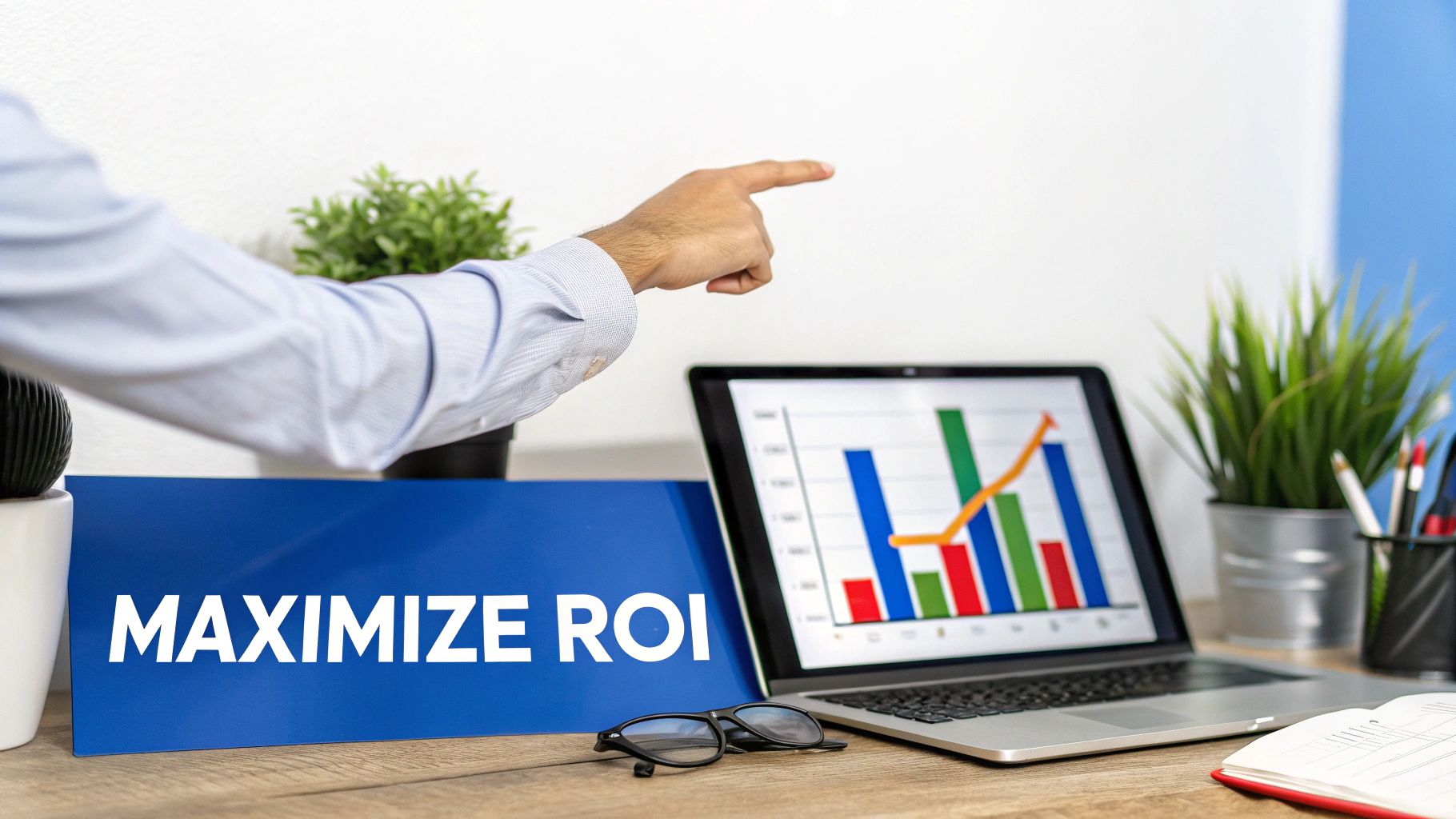 Business professional presenting ROI data analytics on laptop screen with colorful bar charts and graphs