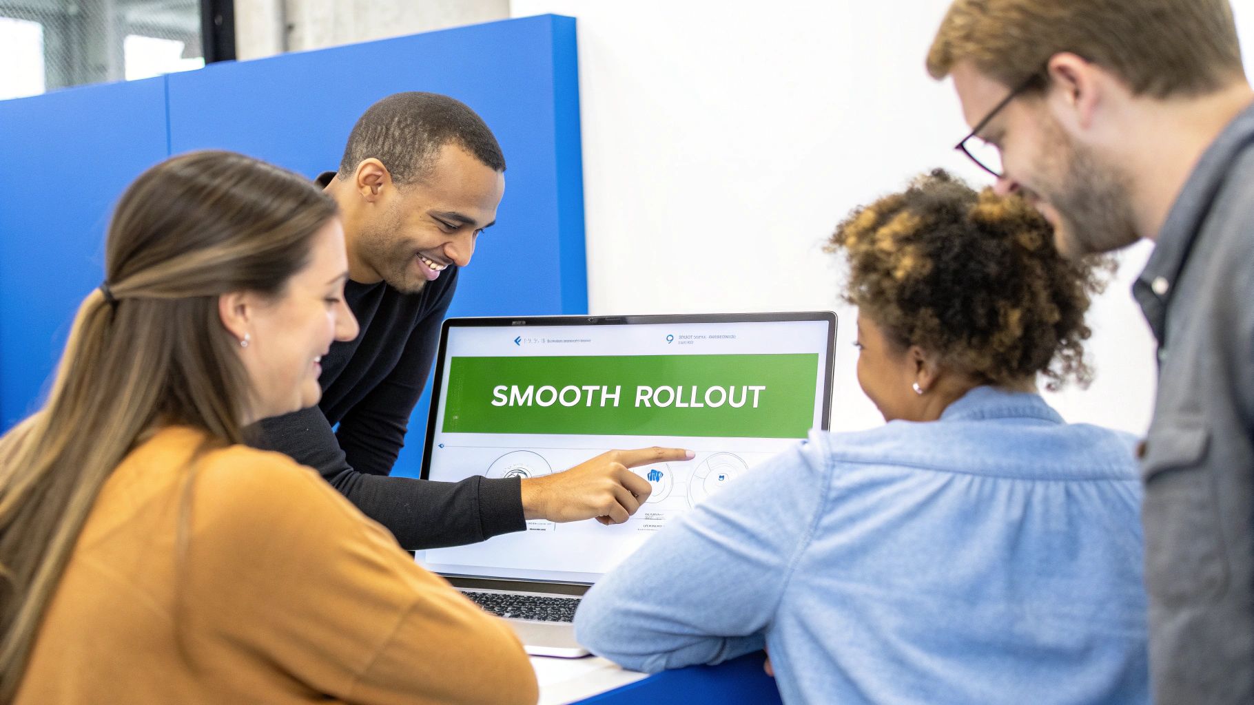 Four diverse colleagues collaborate on a laptop displaying 'Smooth Rollout' in an office.