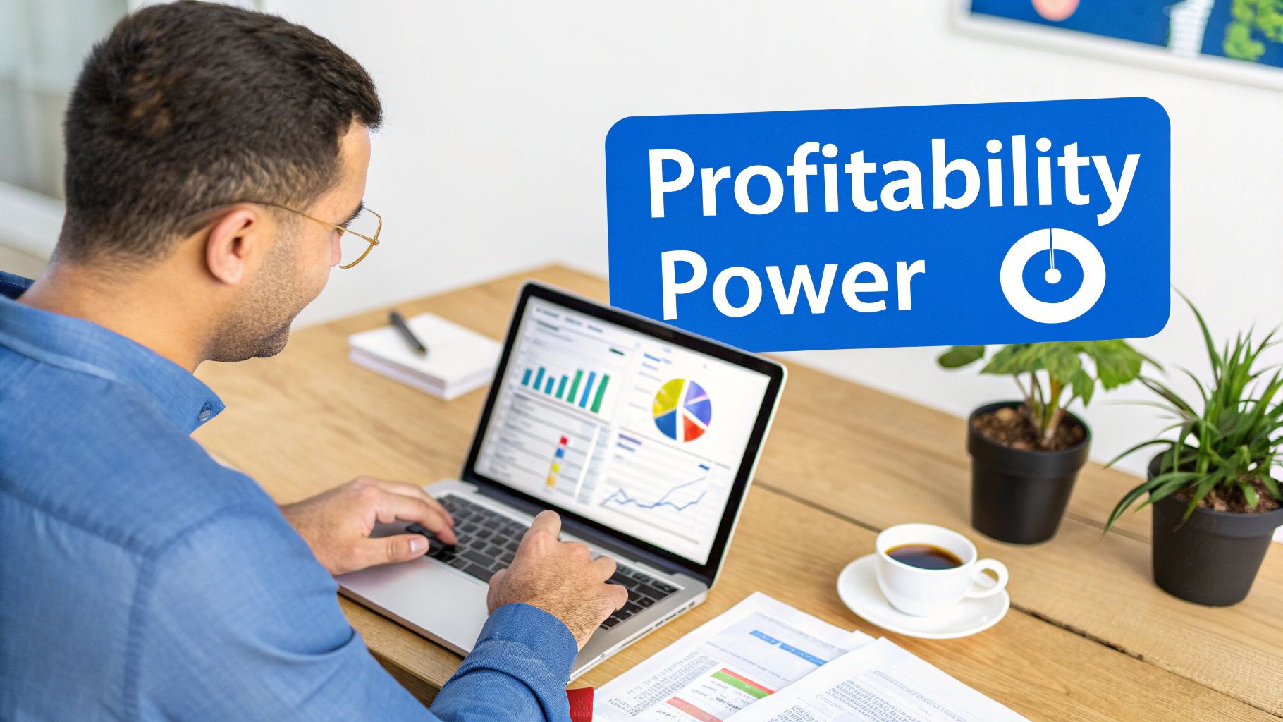 Man analyzing business data on a laptop with a 'Profitability Power' banner overlaid.