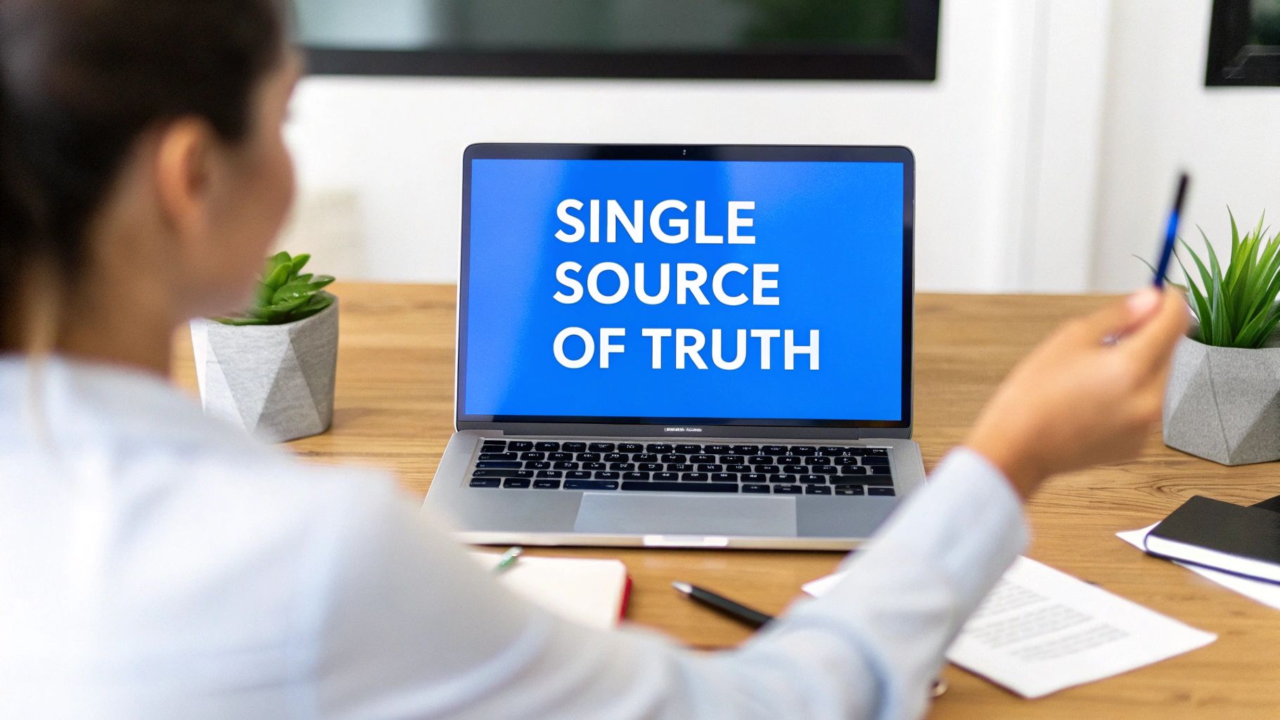 A person views a laptop displaying 'SINGLE SOURCE OF TRUTH' on a wooden desk.
