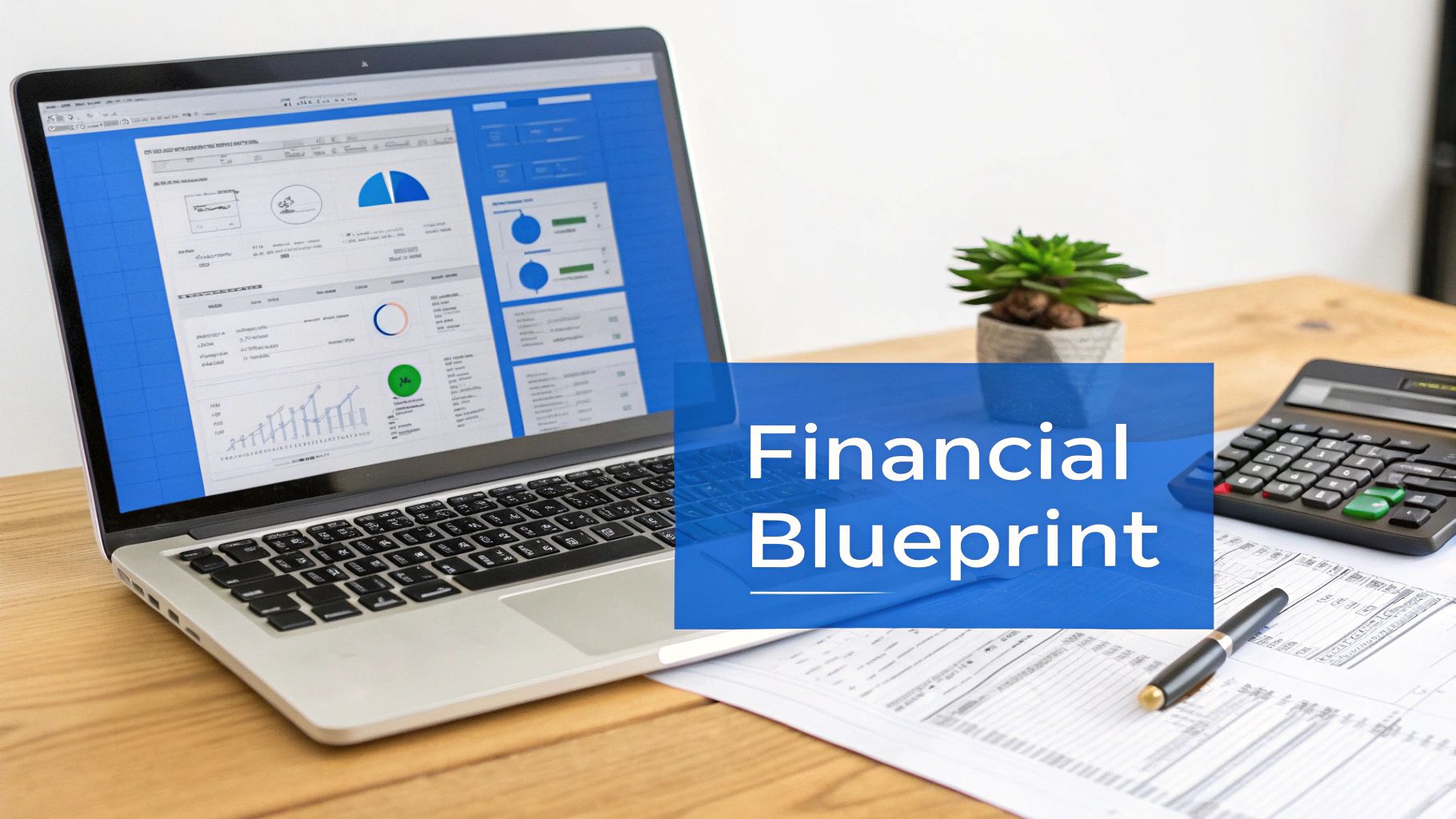 Laptop displaying financial dashboard charts and graphs with calculator and documents on wooden desk