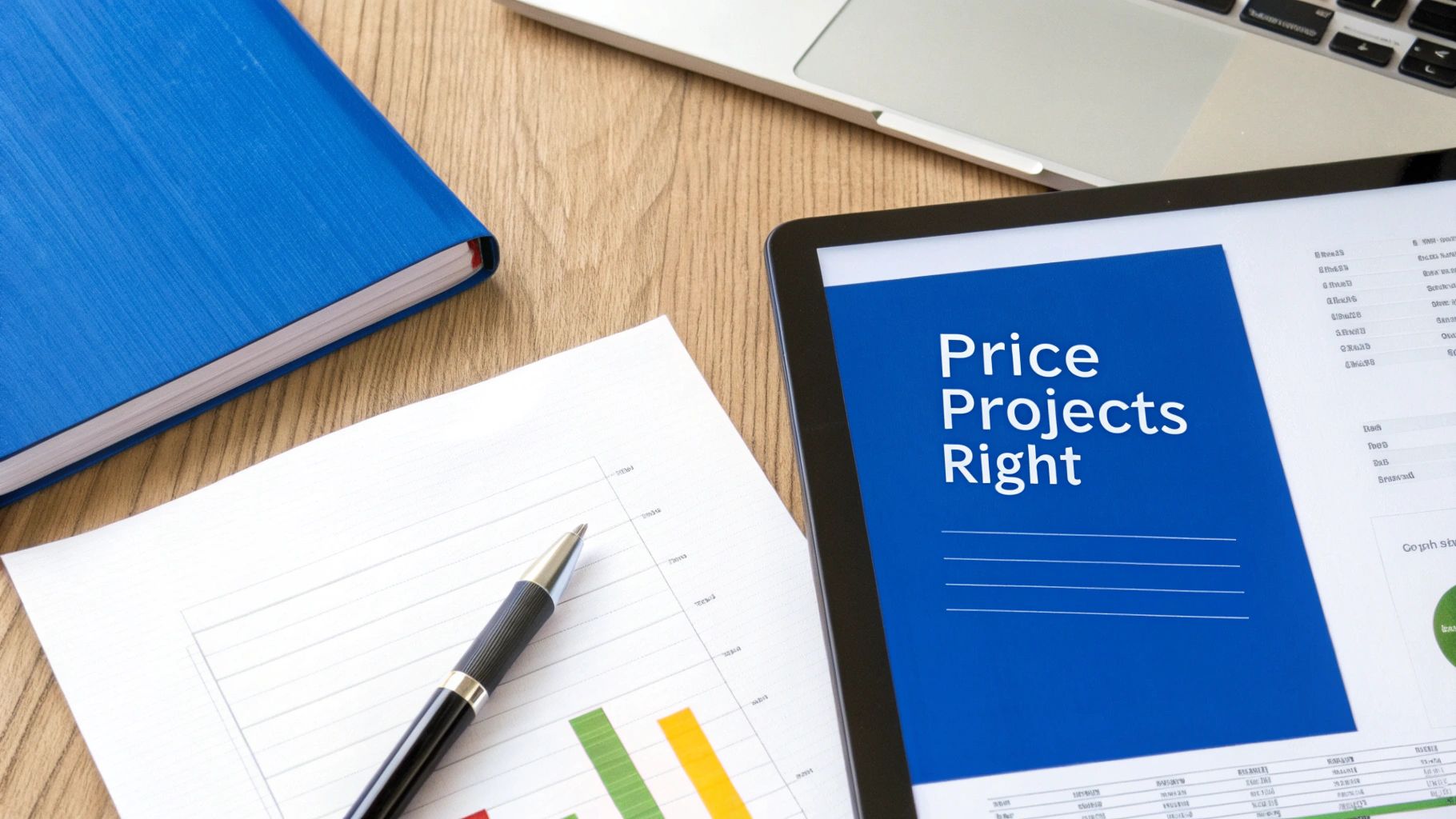 A tablet displaying 'Price Projects Right' on a blue screen, next to a notebook, pen, and financial charts on a desk.