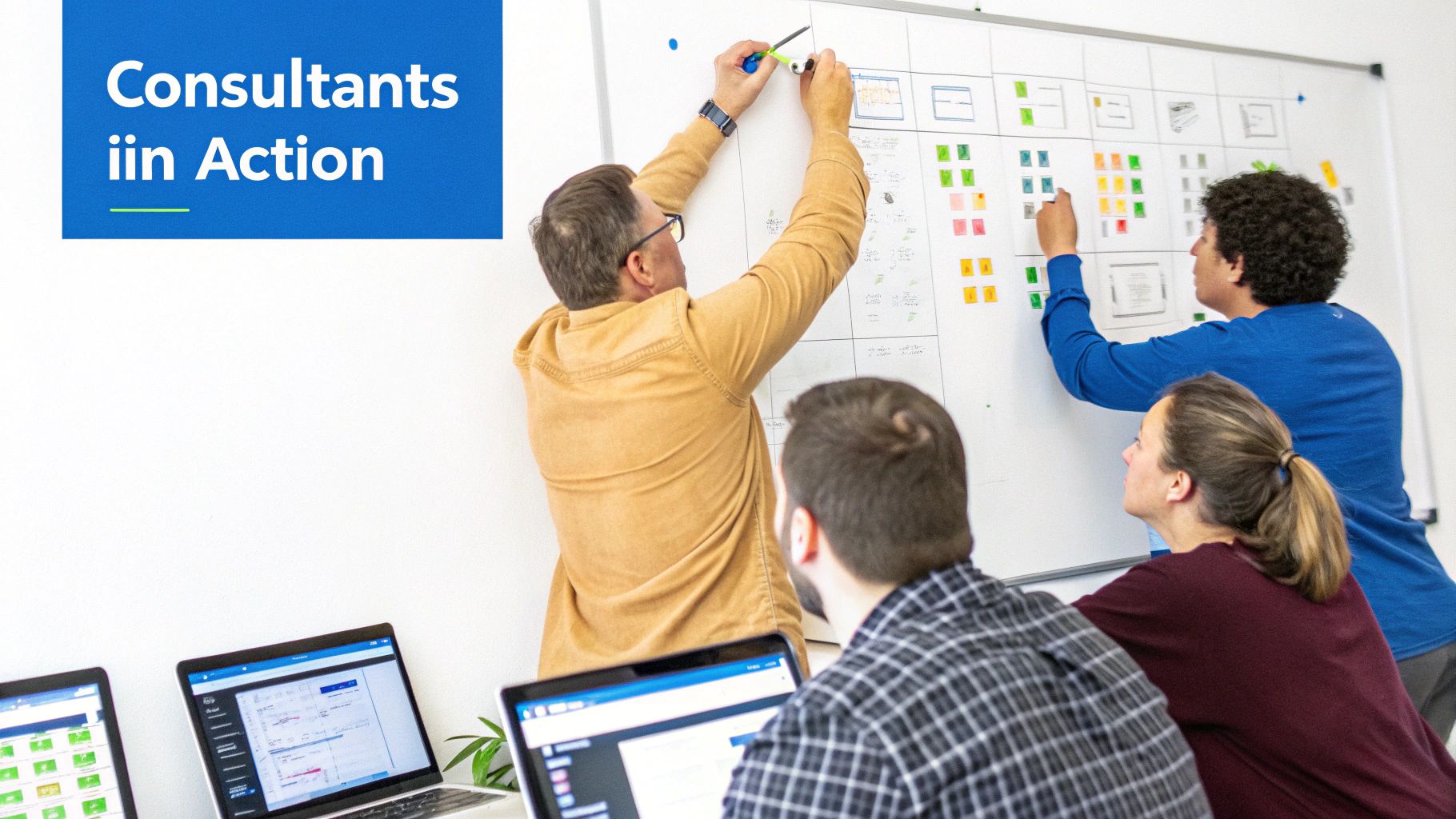 A consultant collaborating with a client, both looking at a laptop screen in a modern office.