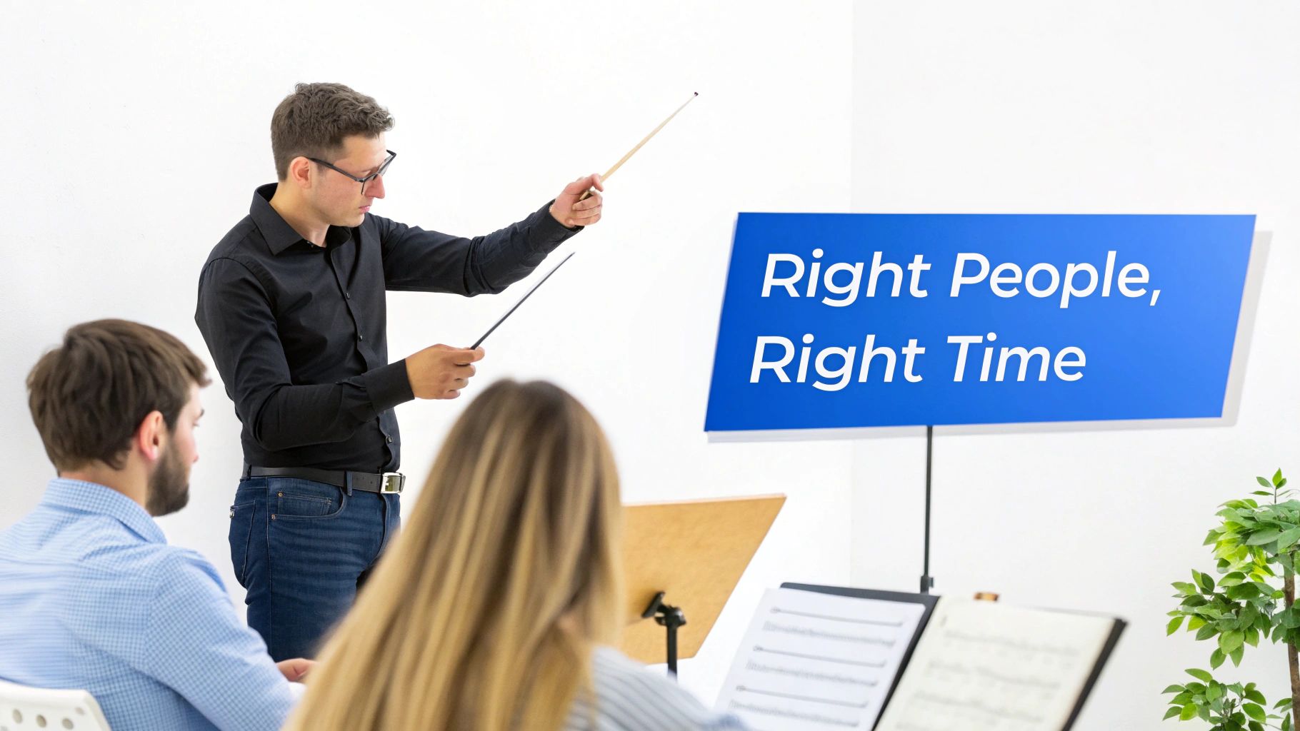 A group of professionals collaborating around a table, illustrating resource planning management in action.