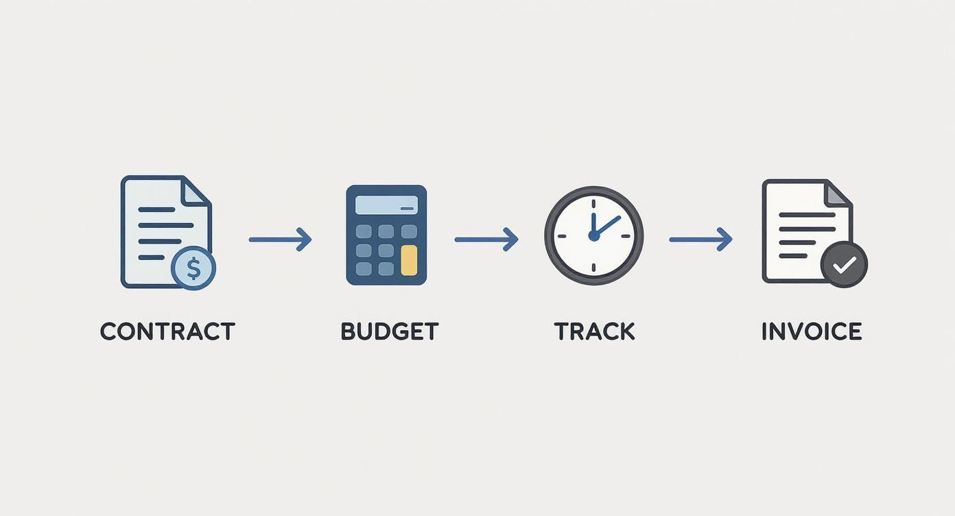 A flowchart illustrating the financial process: contract, budget, track, and invoice with corresponding icons.