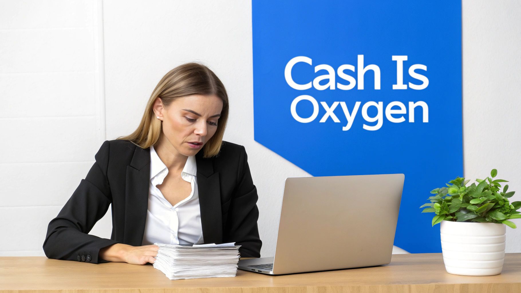 A focused businesswoman reviews documents at her desk with a laptop and a 'Cash Is Oxygen' sign.