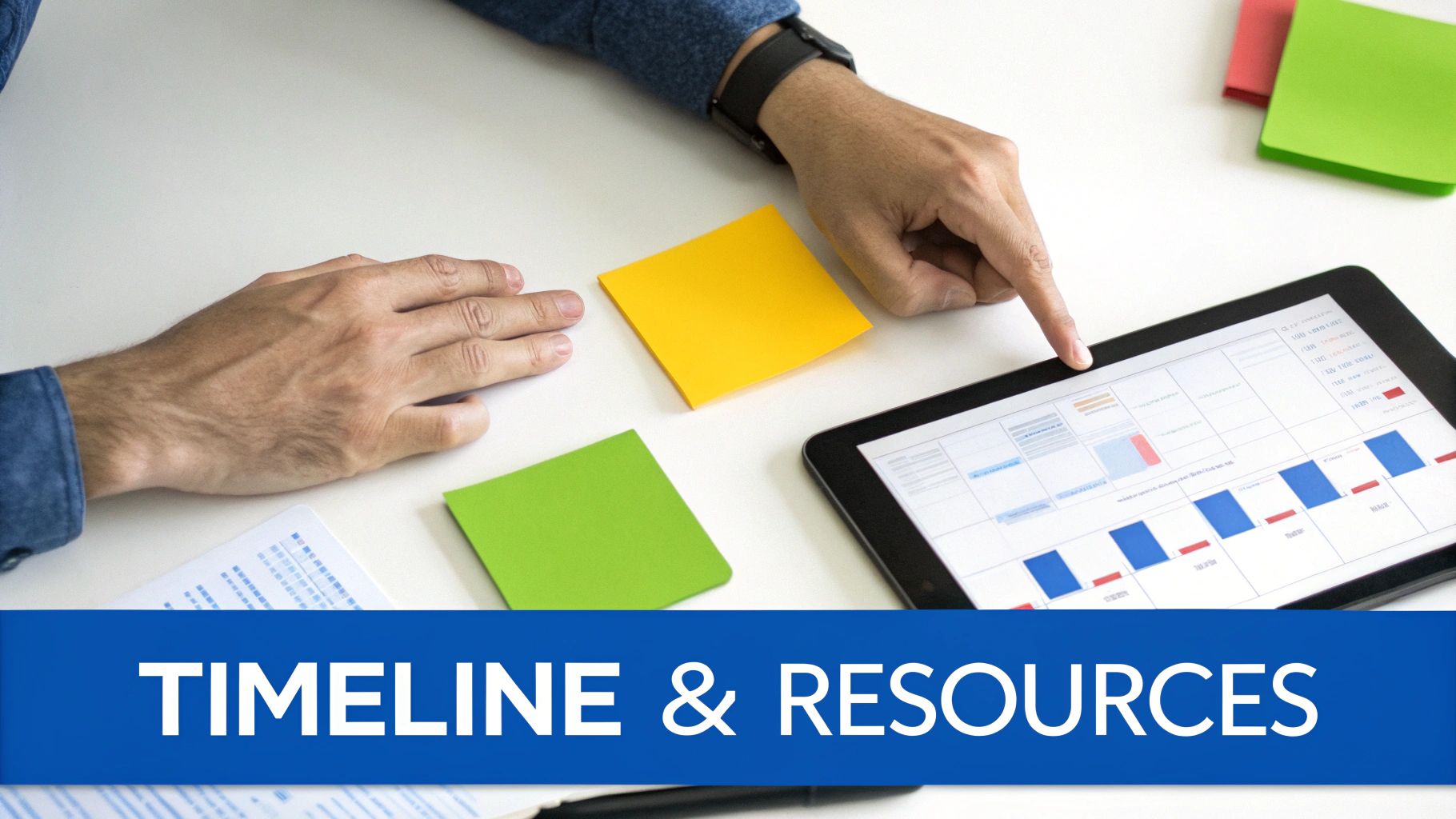 Hands pointing at a tablet displaying project data and charts on a desk with colorful sticky notes.