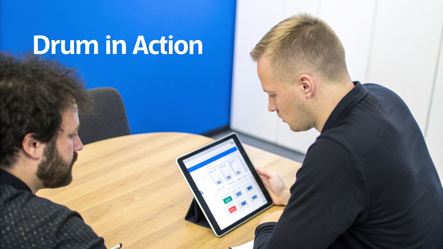 A person using Drum's purchase order management software on a laptop, showing a clean and intuitive interface