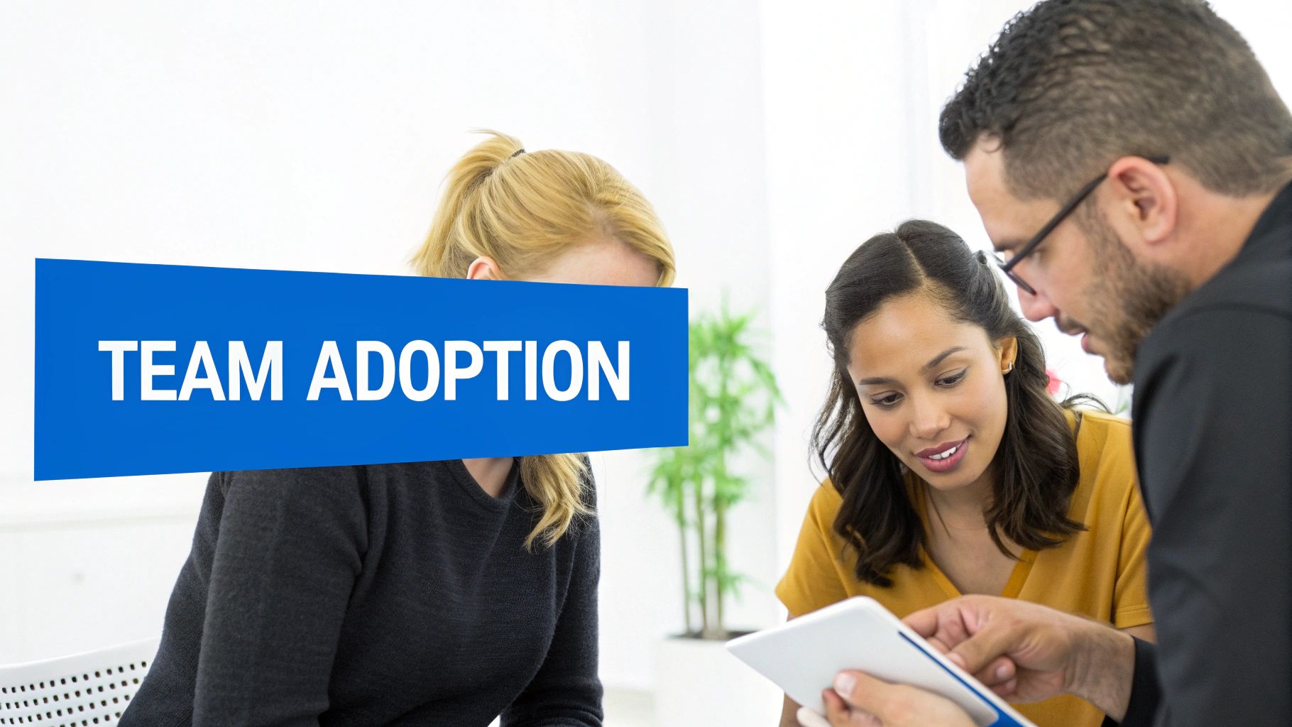 A team collaborates around a table, planning the successful implementation of their new software.