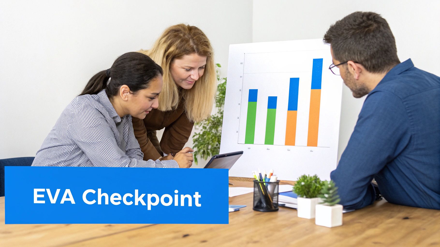 Three professionals analyze a bar chart and tablet, discussing project data at an EVA checkpoint meeting.