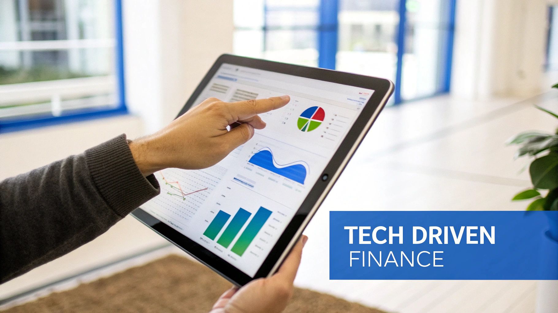 A project financial manager using a dashboard on a tablet to review project financial data.