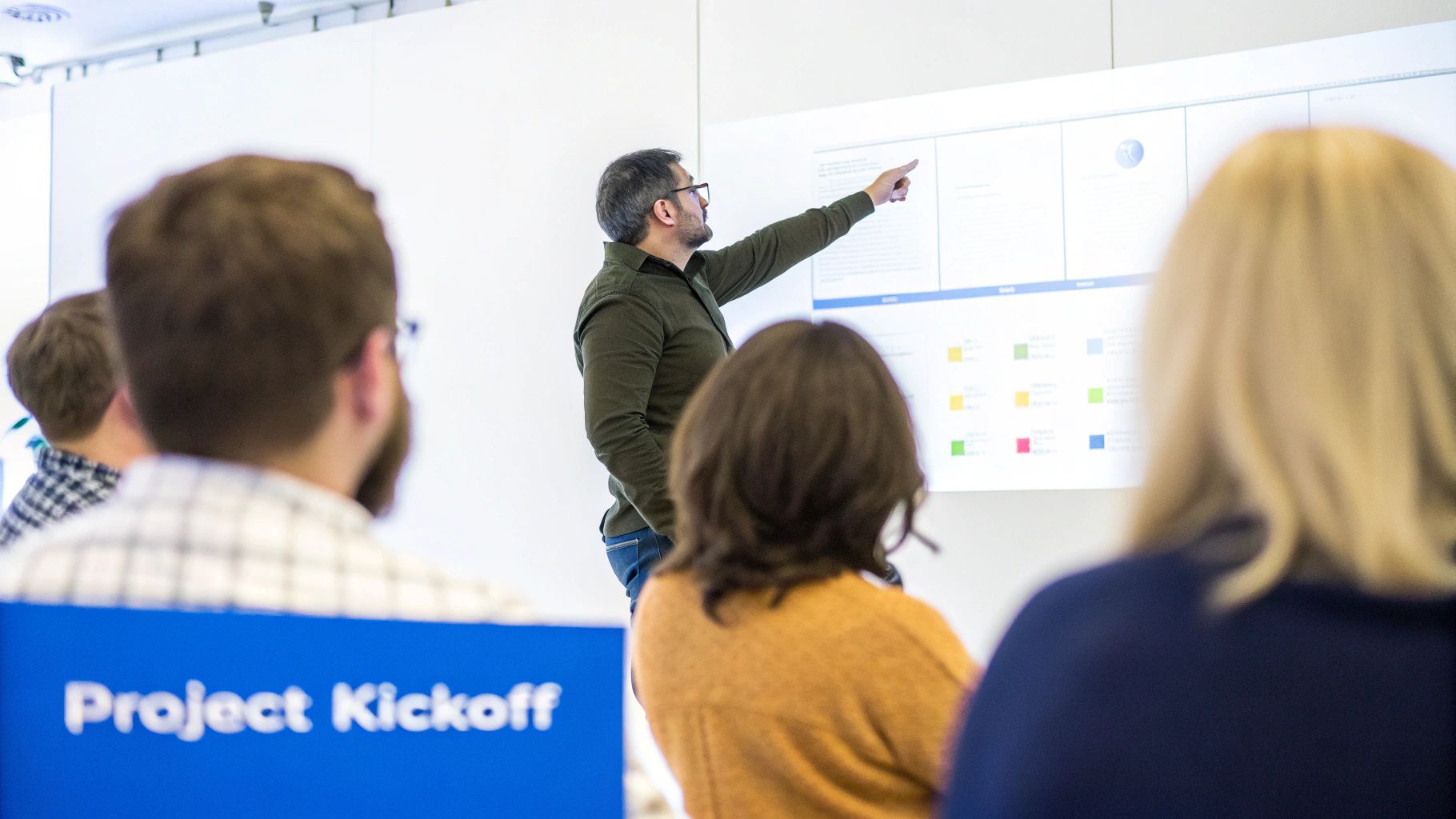 A man in a green shirt presents at a project kickoff meeting, pointing at a screen.