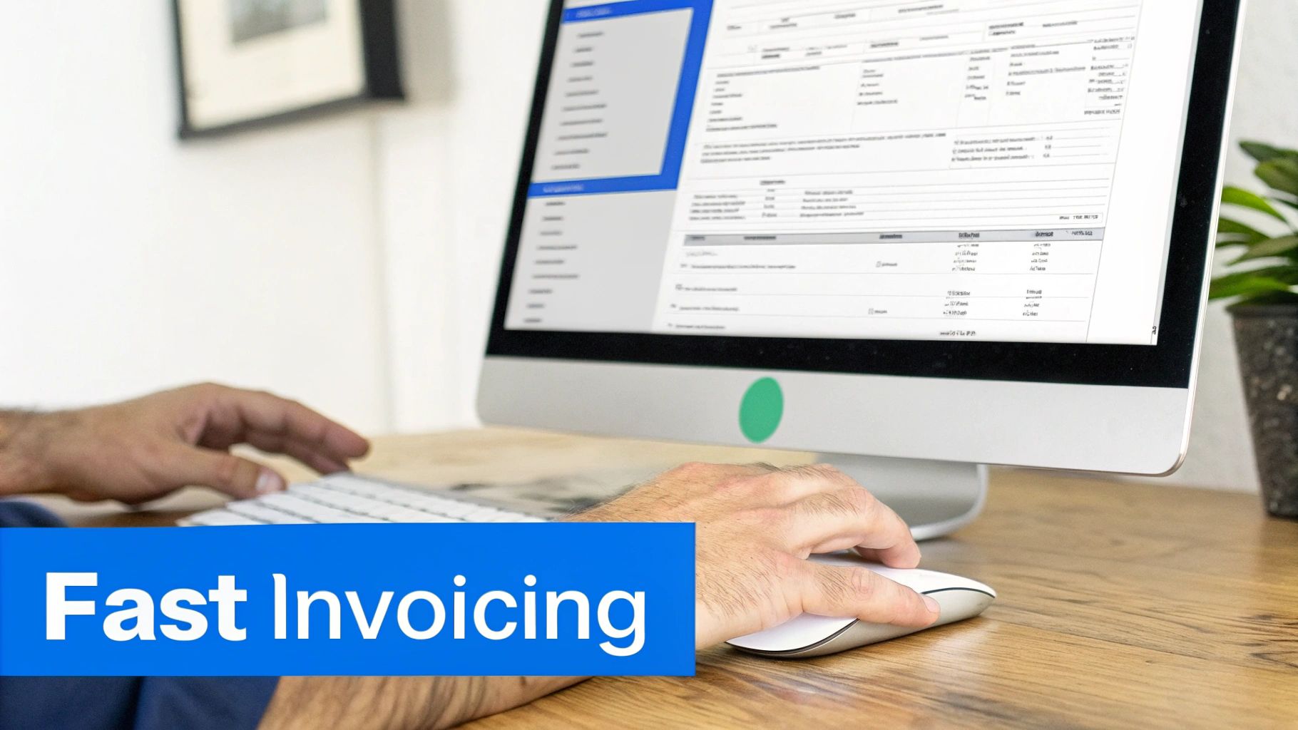 Hands use a computer for fast invoicing, showing a digital billing and tracking interface.
