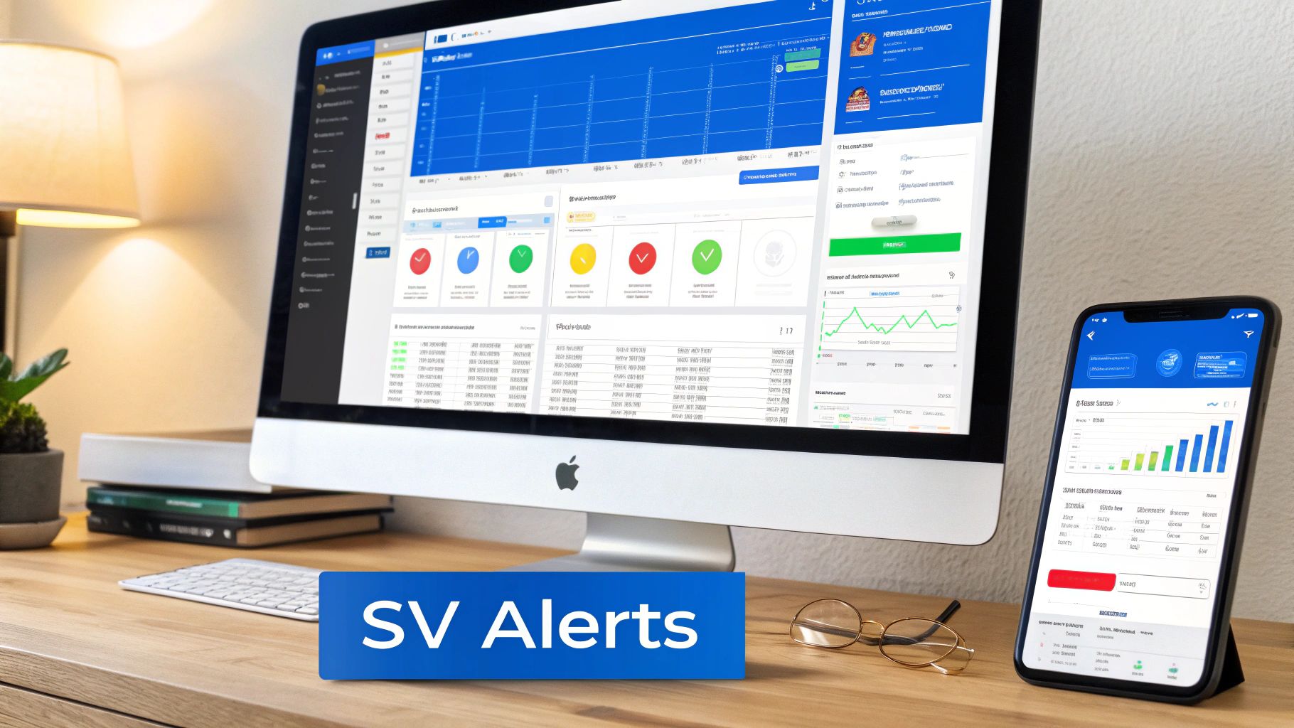 Modern desk with a computer monitor and smartphone displaying project management dashboards and SV Alerts.