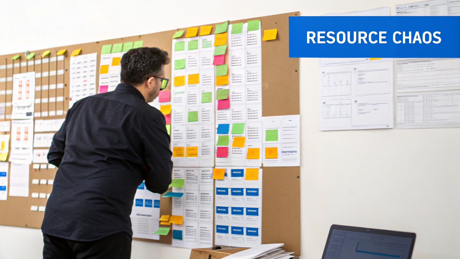 A man in a black shirt stands in front of a large cork board with documents and sticky notes.