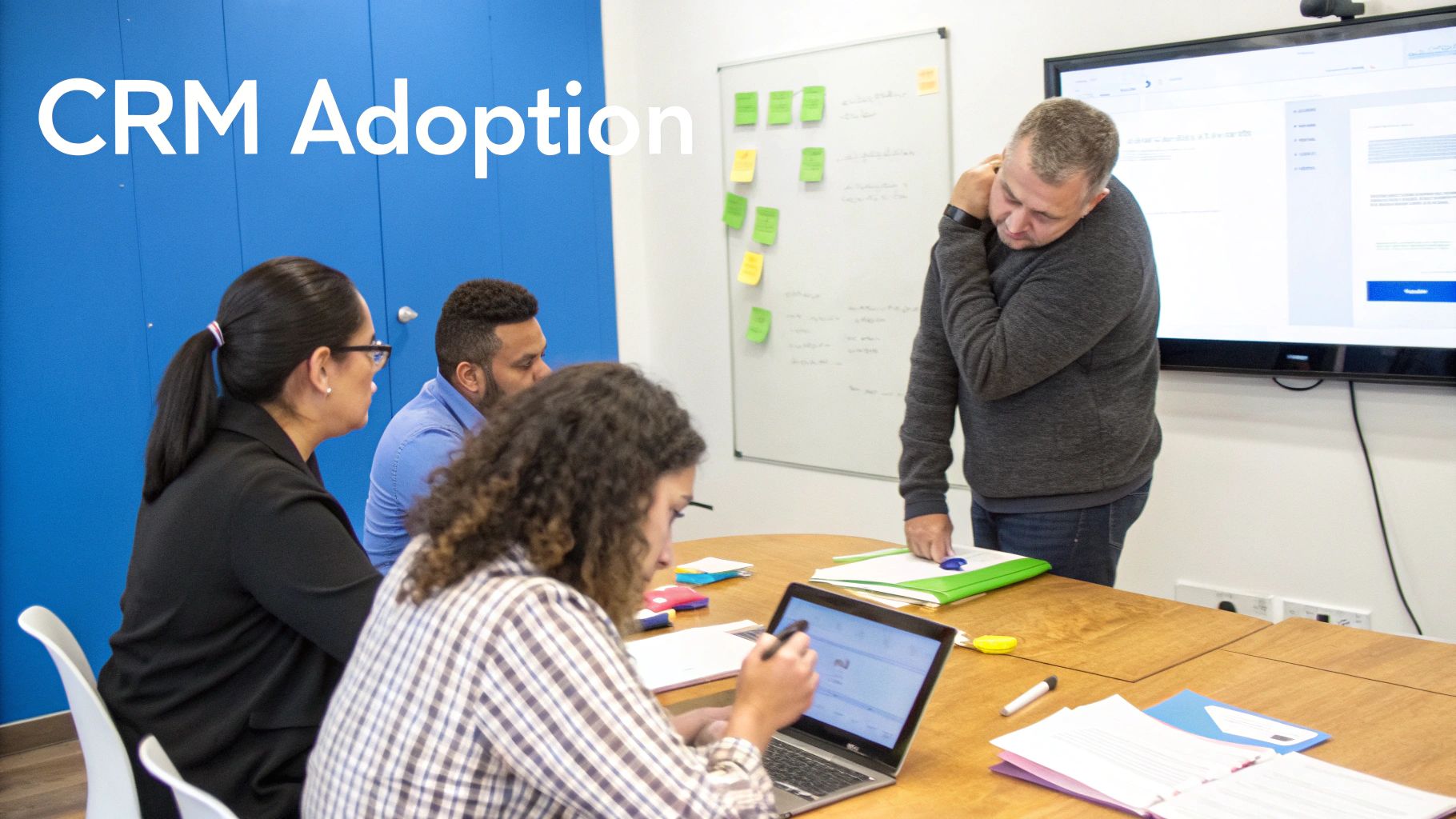 Professionals collaborate in a meeting room, discussing CRM adoption with laptops and a display screen.