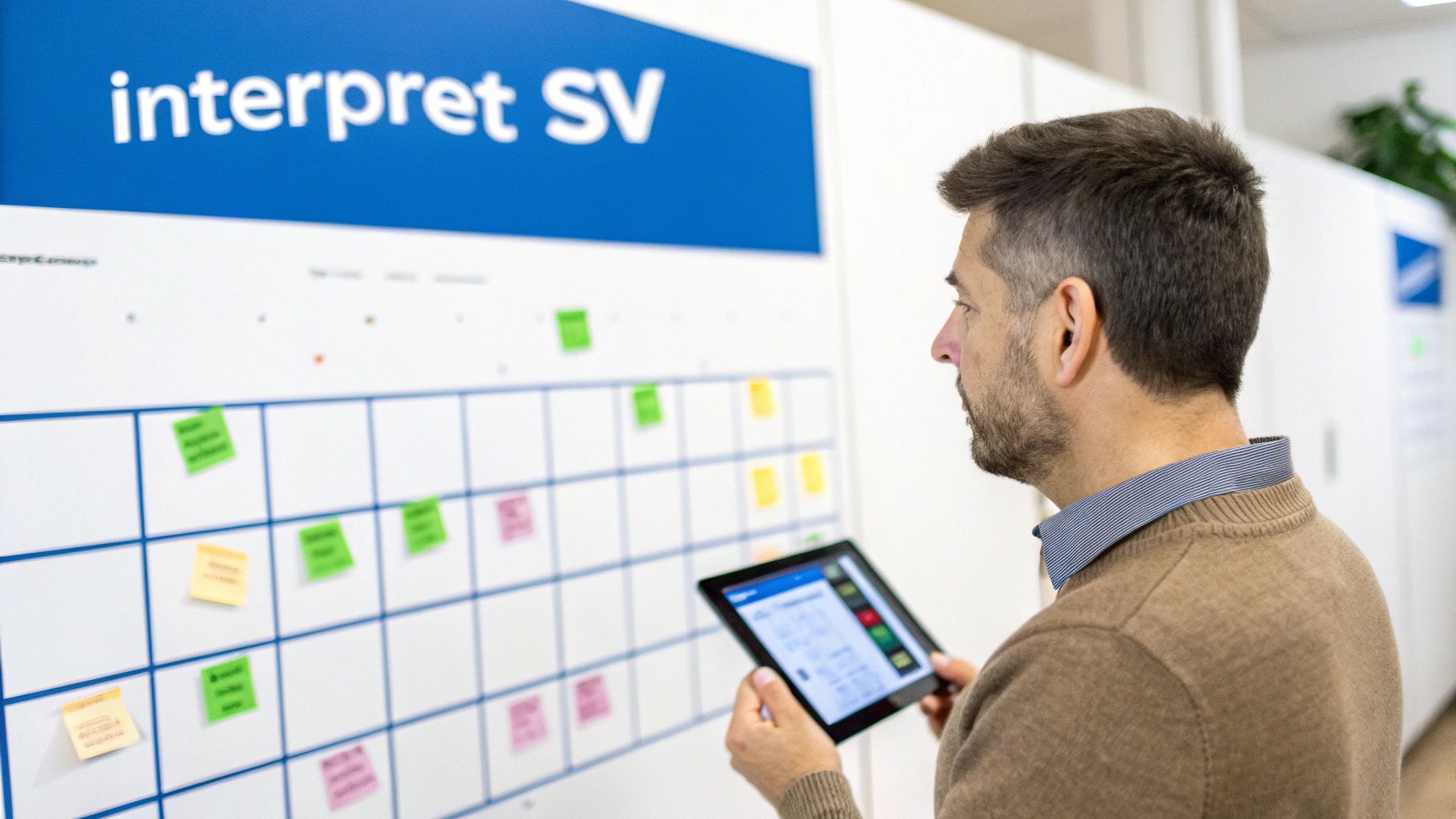 Man reviews a large project management board with colorful sticky notes while holding a tablet.