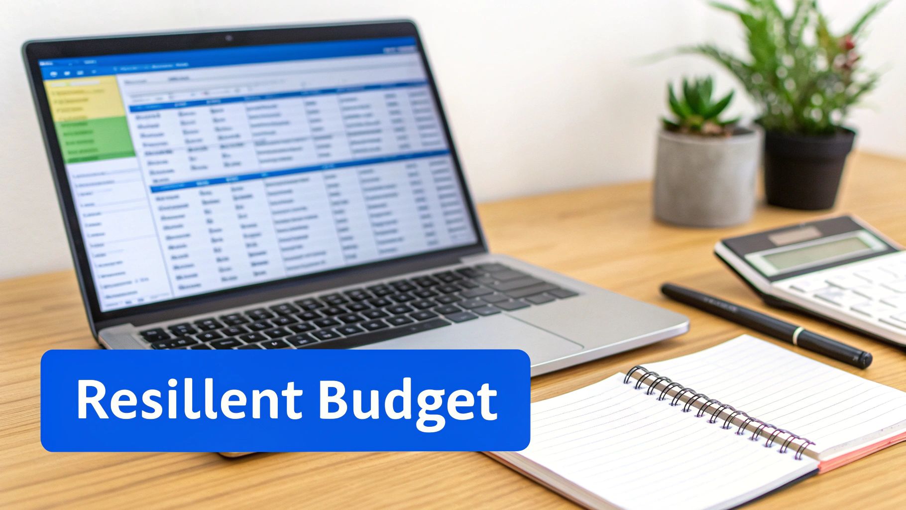 A laptop displaying a spreadsheet, a calculator, a pen, and a notebook on a wooden desk, with a 'Resilient Budget' banner.