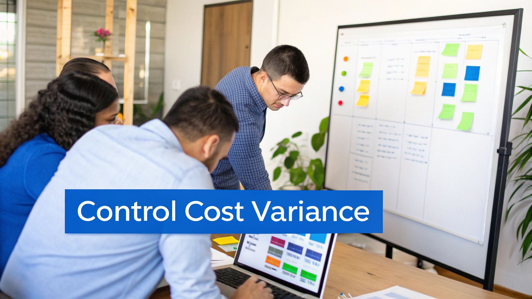 A team of professionals collaborating around a table, reviewing project plans and financial documents.