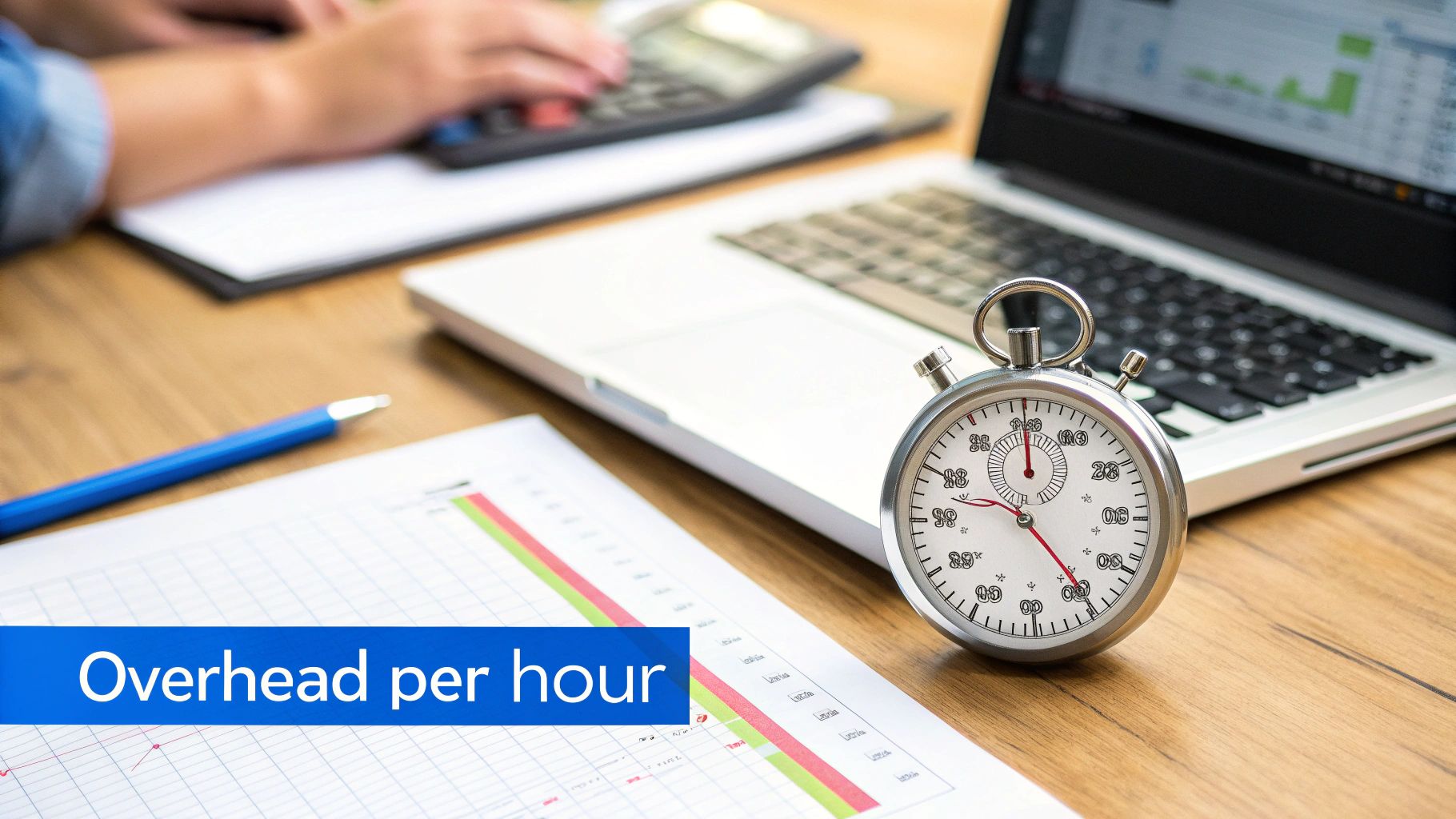 A person calculates overhead per hour at a desk with a laptop, charts, and a stopwatch.