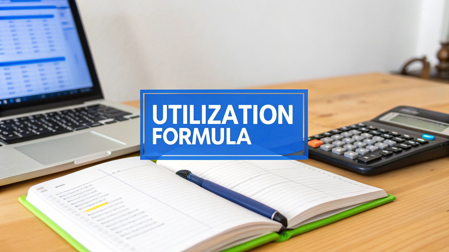 A desk setup with a laptop, calculator, and an open notebook, featuring a 'UTILIZATION FORMULA' banner.