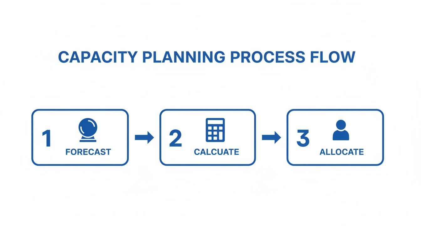 A capacity planning process flow diagram illustrating three sequential steps: forecast, calculate, and allocate.