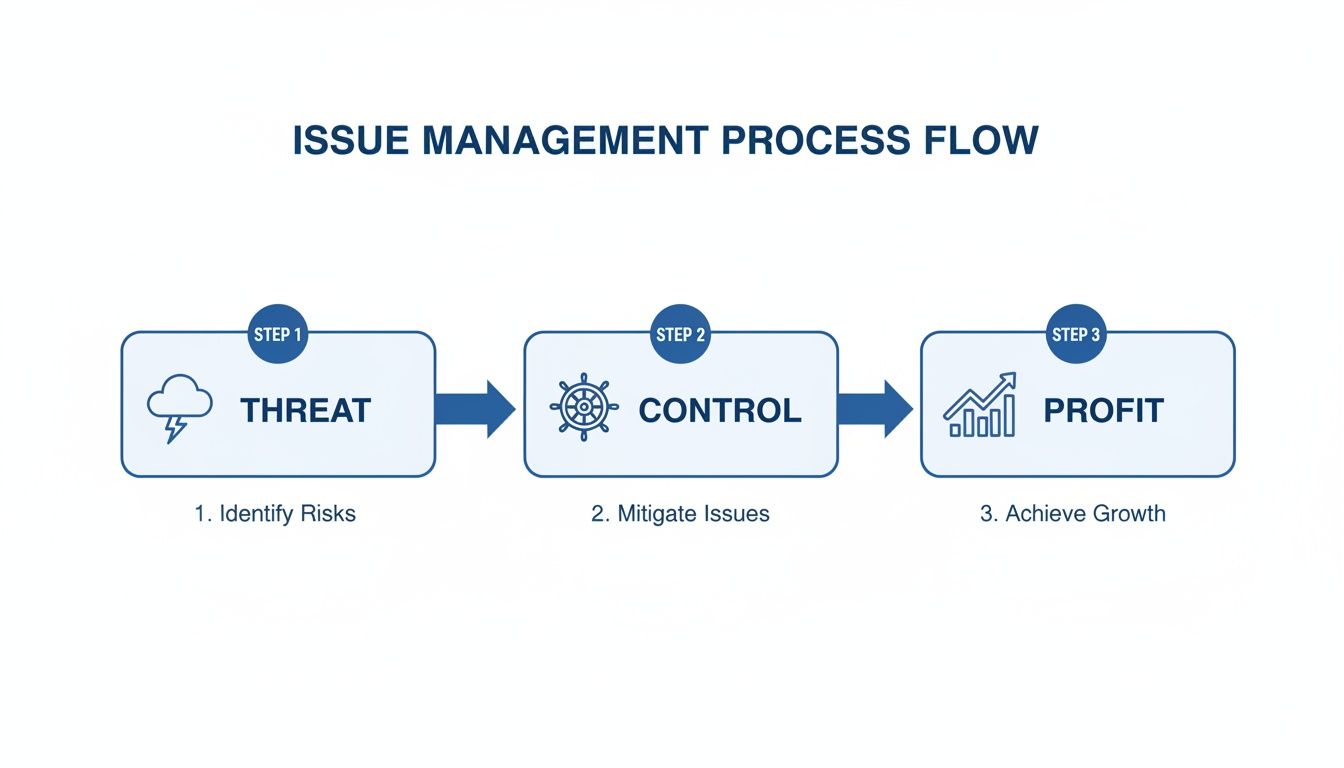 Diagram illustrating a three-step issue management process: identify risks, mitigate issues, achieve growth.