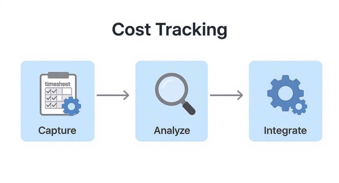Flowchart for Cost Tracking with steps: Capture (timesheet), Analyze (magnifying glass), and Integrate (gears).