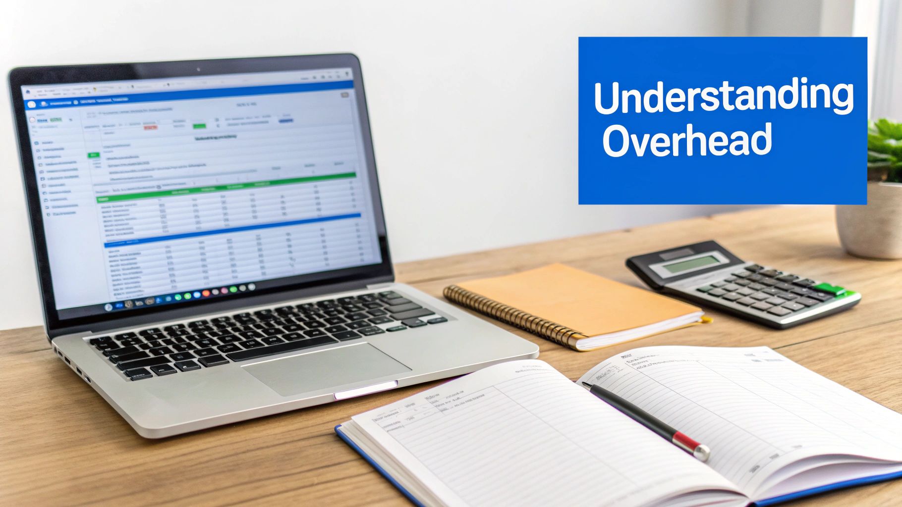 A desk setup with a laptop displaying a spreadsheet, notebooks, a calculator, and a text box: 'Understanding Overhead'.