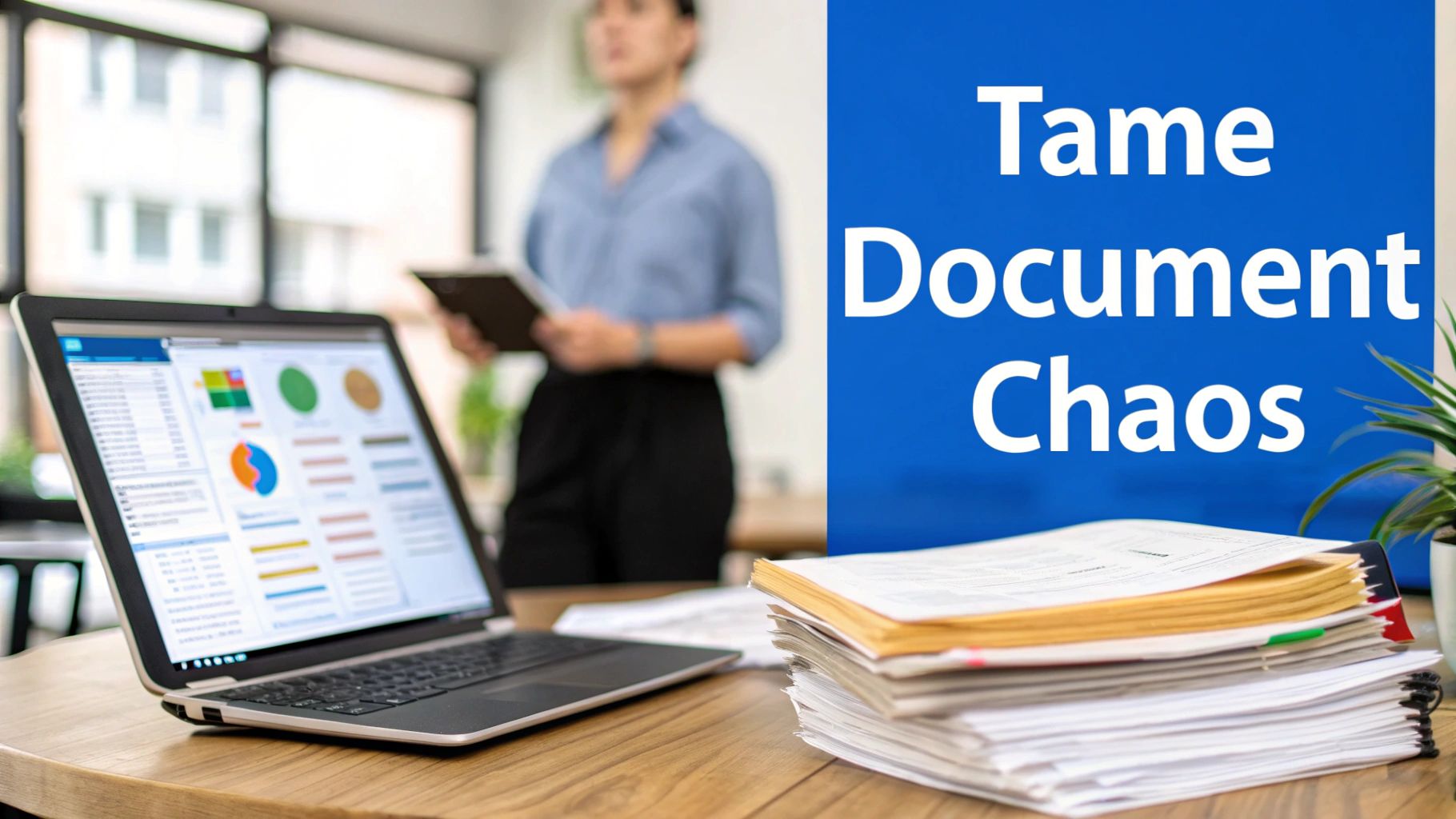 A professional woman efficiently managing documents on her laptop in a modern office.