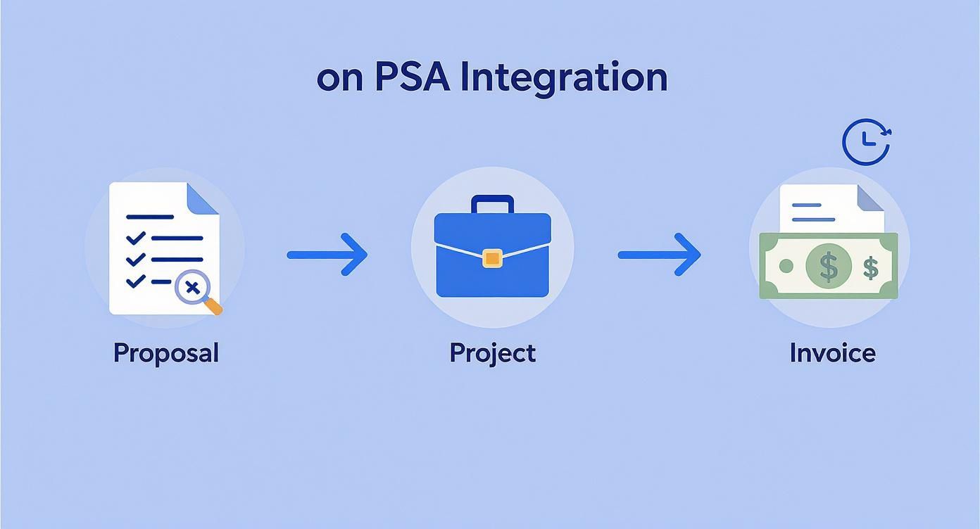 A workflow diagram showing proposal leading to project, then to invoice, illustrating PSA integration.
