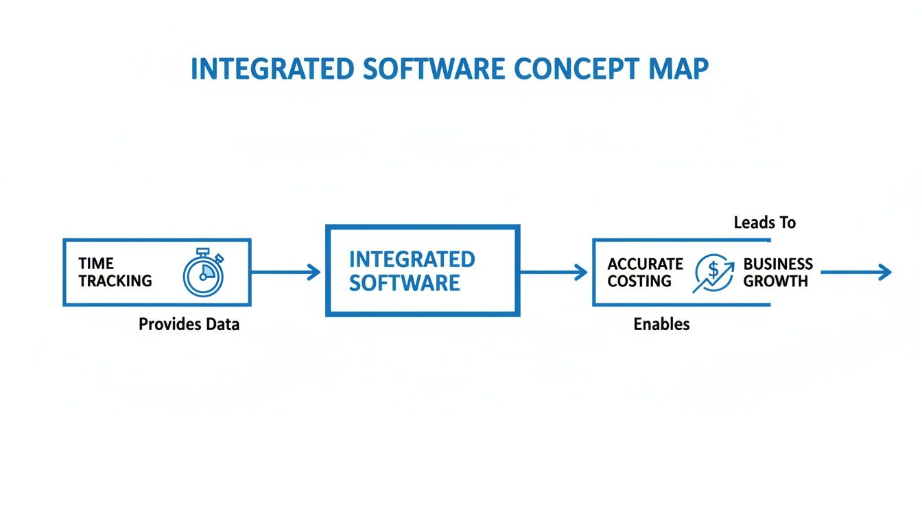 Concept map showing time tracking data flowing into integrated software, enabling accurate costing and business growth.