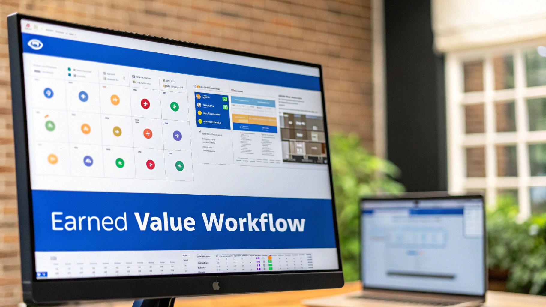 A close-up of a computer monitor displaying an 'Earned Value Workflow' dashboard with charts and data.