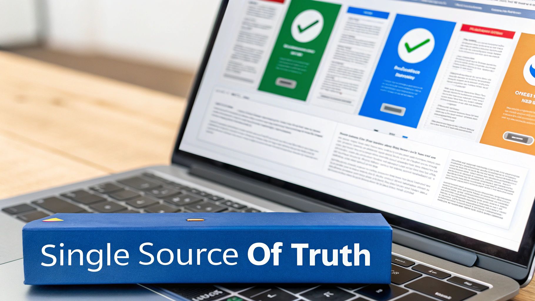 A blue box on a laptop keyboard reads 'Single Source Of Truth' with a website displaying checkmarks in the background.