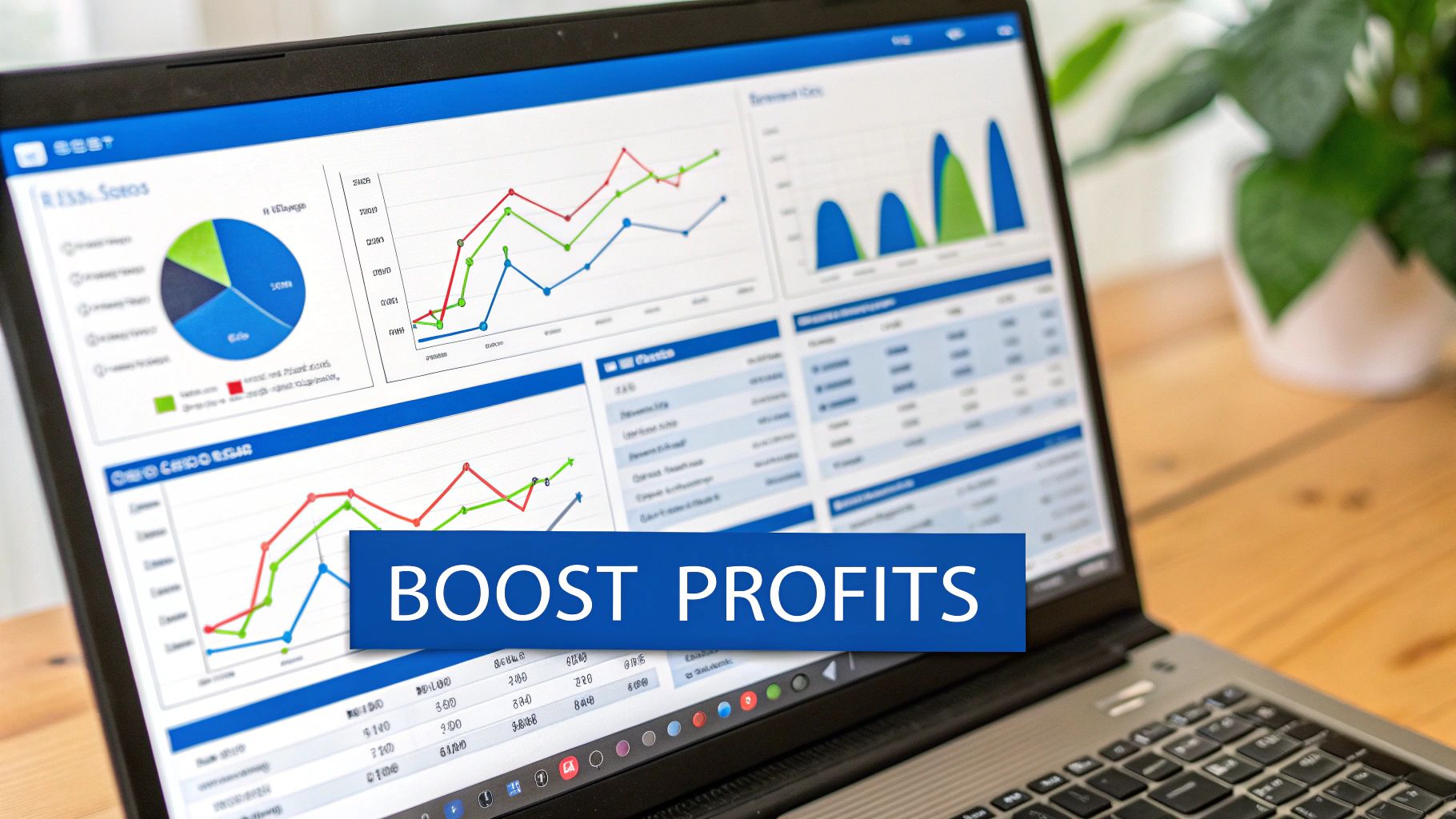 A consultant analyzing a financial dashboard on a laptop, showing graphs and charts indicating profitability.