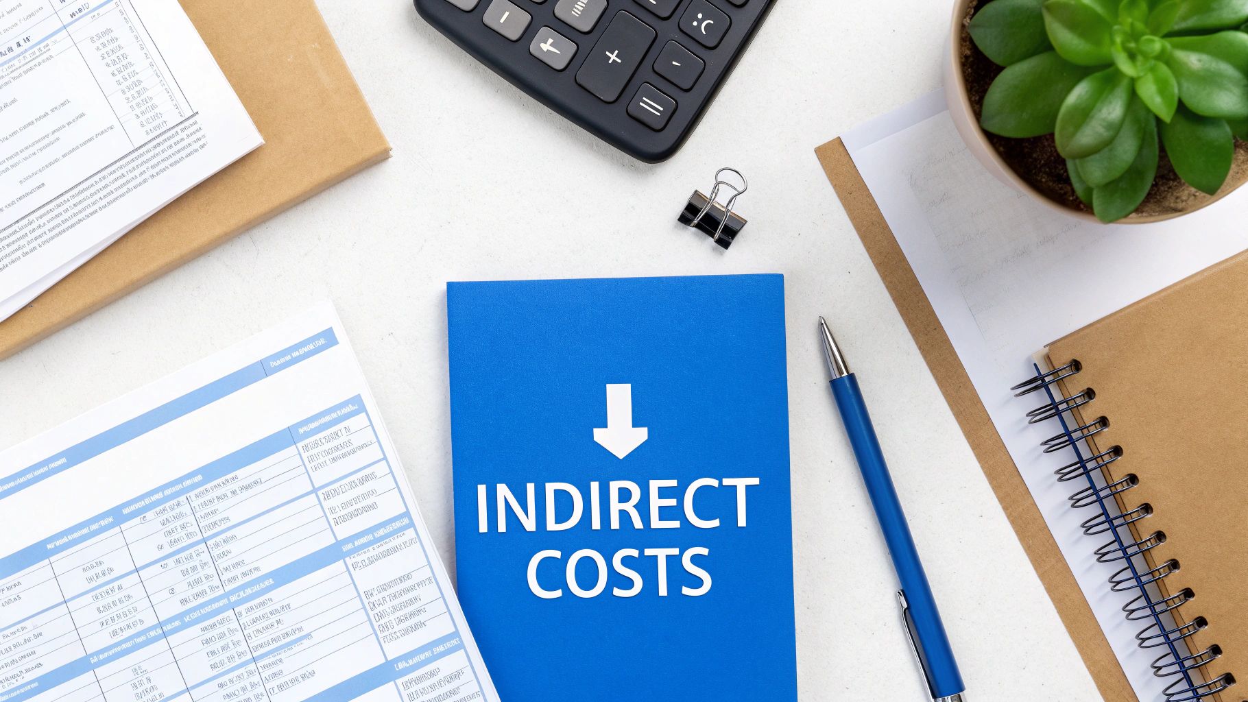 A flat lay of a desk showing a blue notebook with 'INDIRECT COSTS', a calculator, documents, and office supplies.