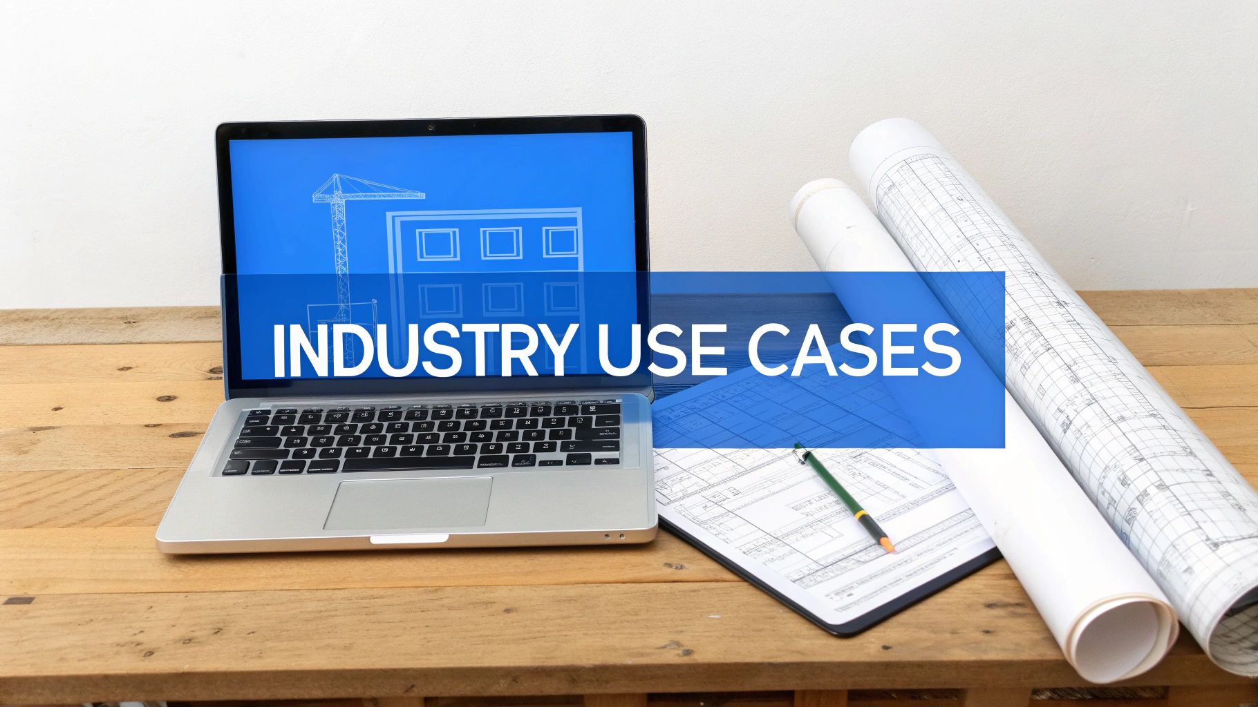 Laptop displaying architectural blueprints and 'Industry Use Cases' text with rolled plans on a wooden desk.