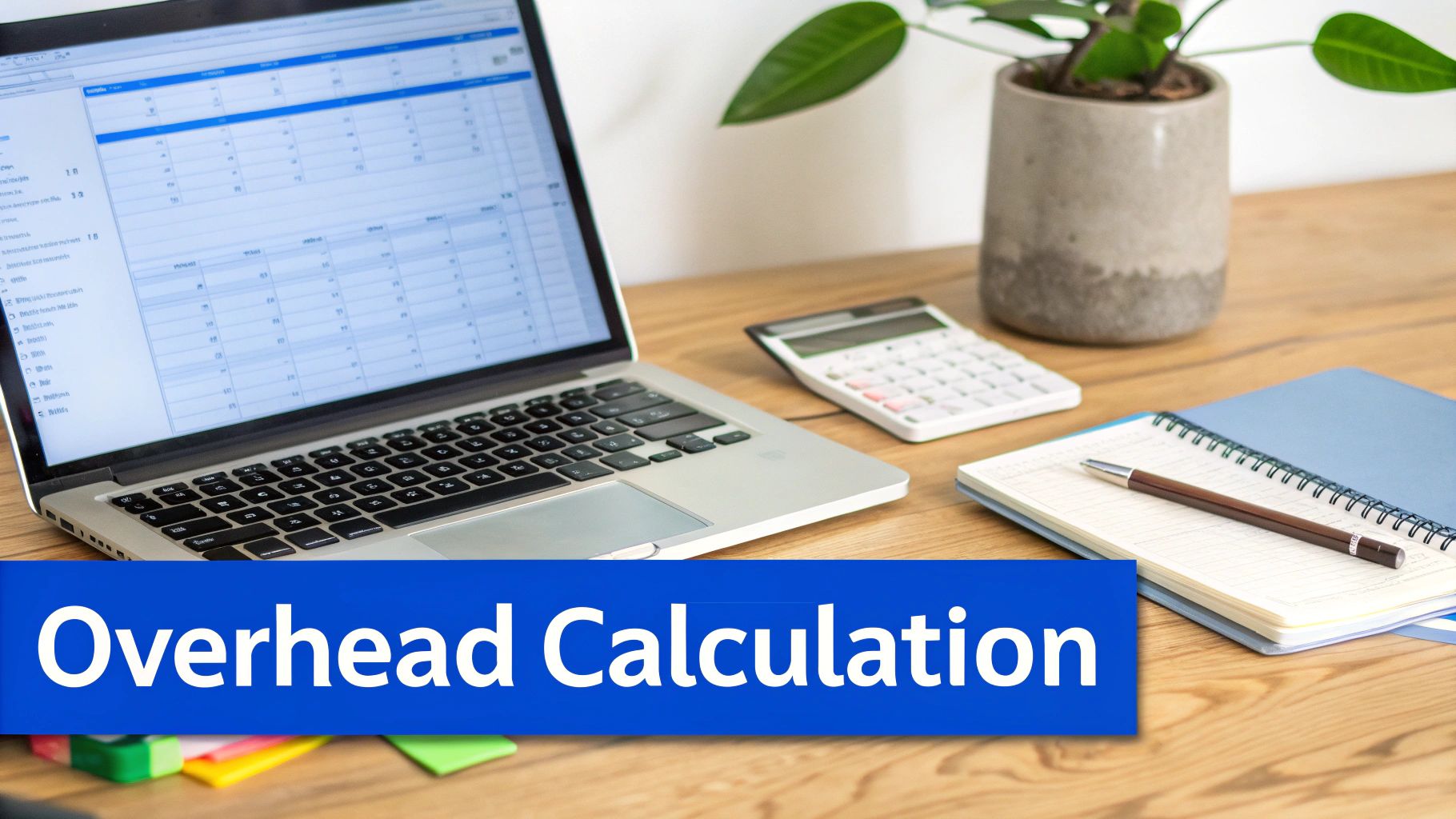 A desk with a laptop displaying a spreadsheet, calculator, notebook, and a banner saying 'Overhead Calculation'.