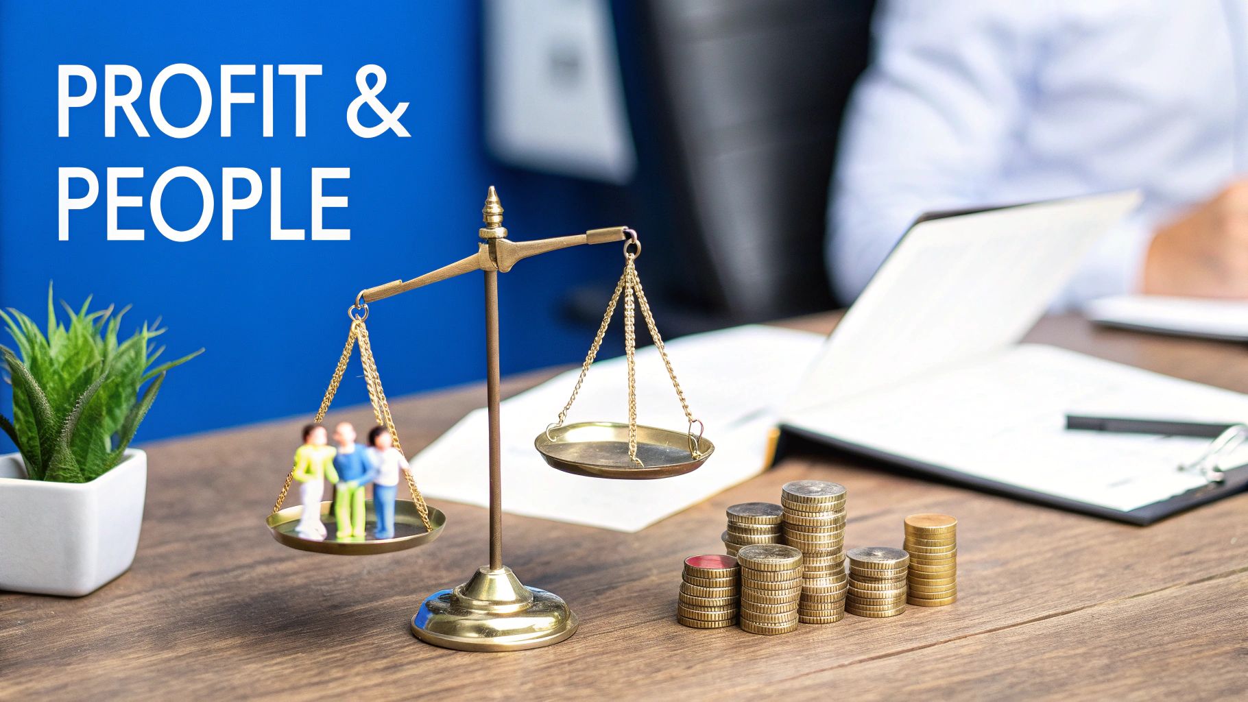 A balance scale with miniature people on one pan, coins nearby, and "PROFIT & PEOPLE" text.