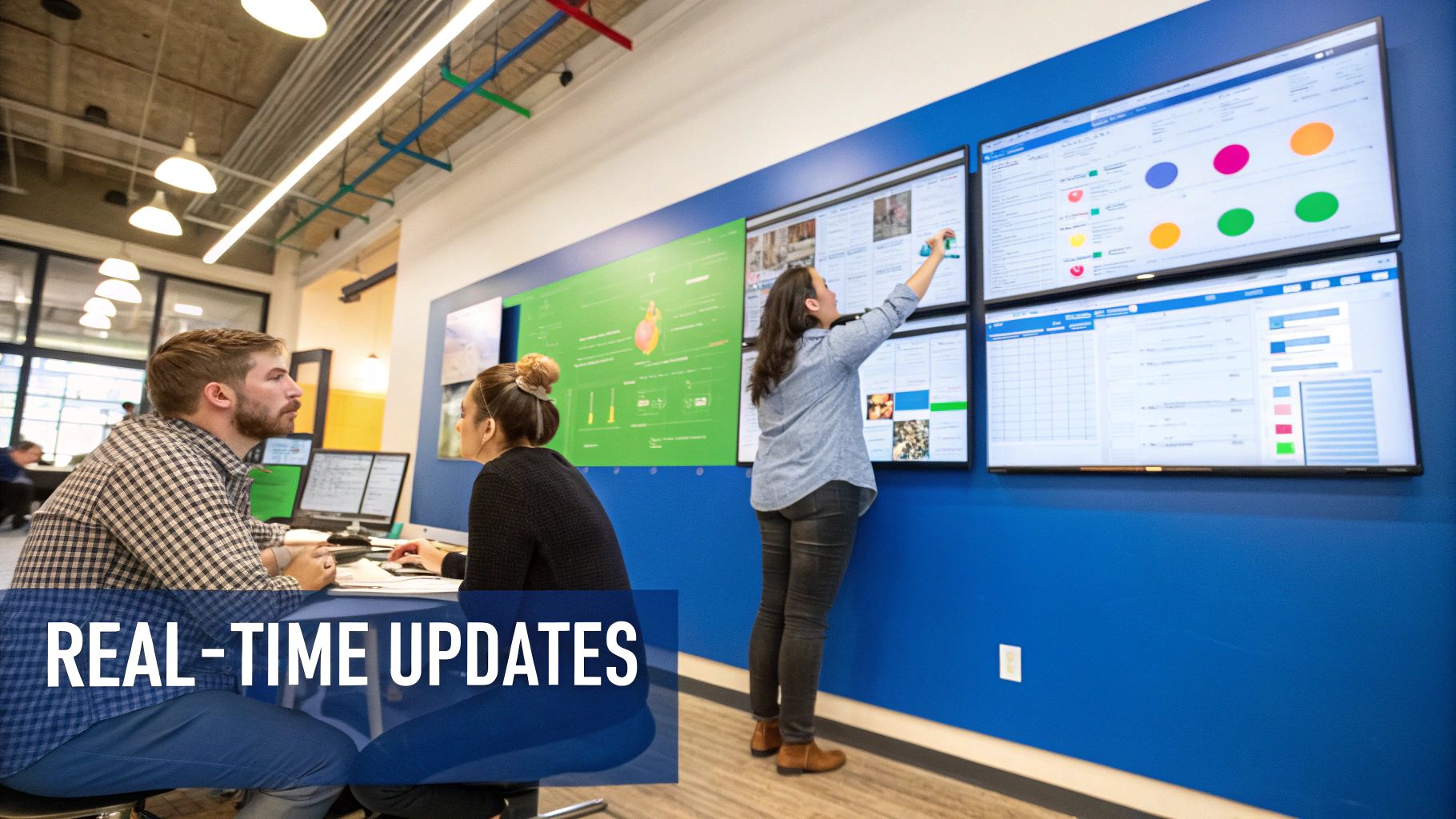 A project manager pointing to a real-time dashboard on a large screen during a team meeting, illustrating effective project management and finance integration.