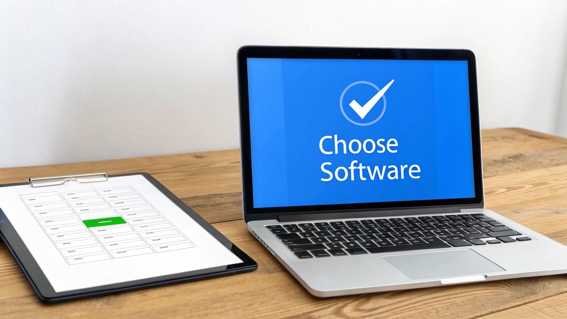 A laptop displaying 'Choose Software' and a checkmark, next to a clipboard with a selection sheet.