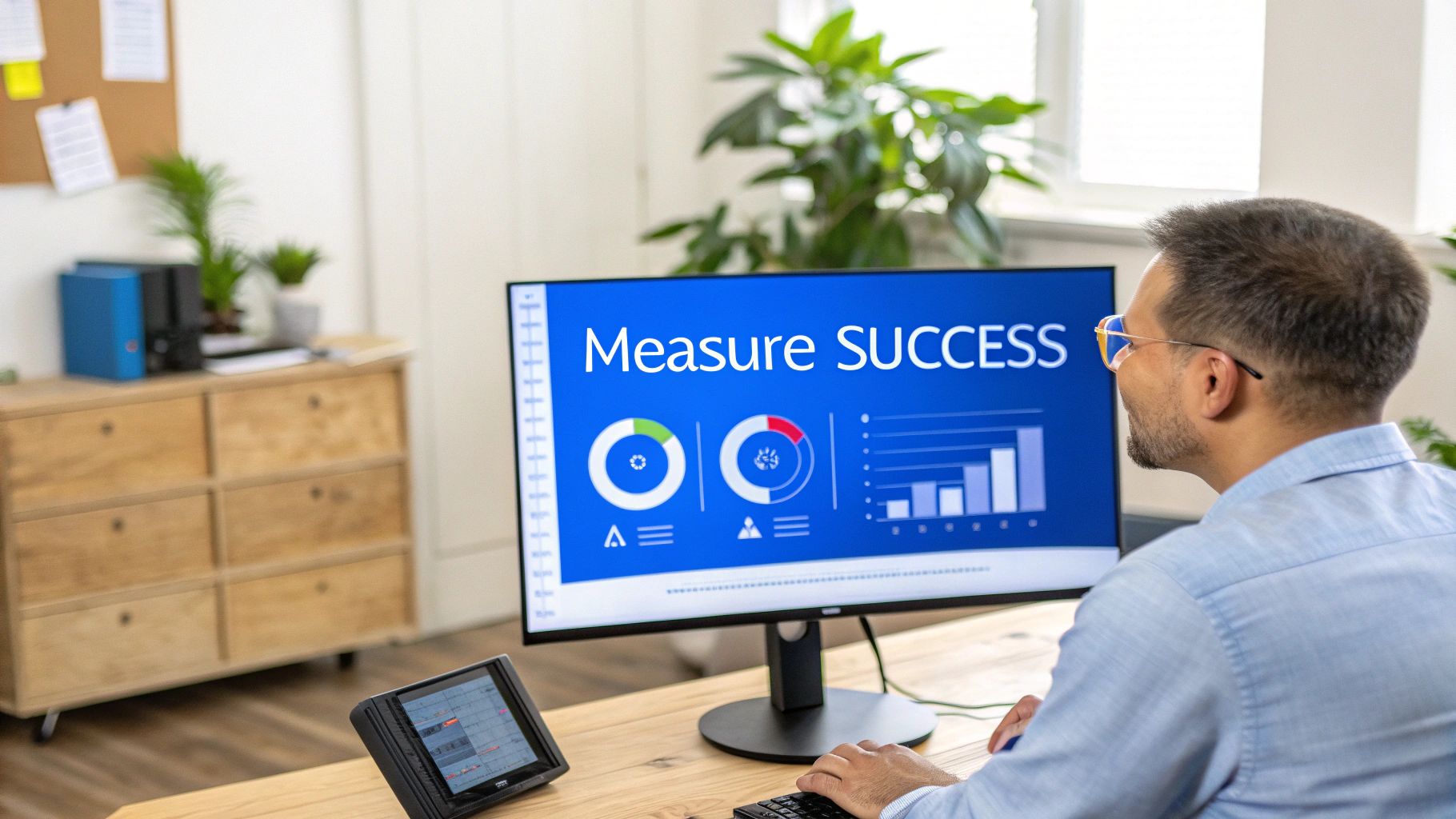 Professional analyzing success metrics on a computer screen displaying charts and 'Measure SUCCESS'.