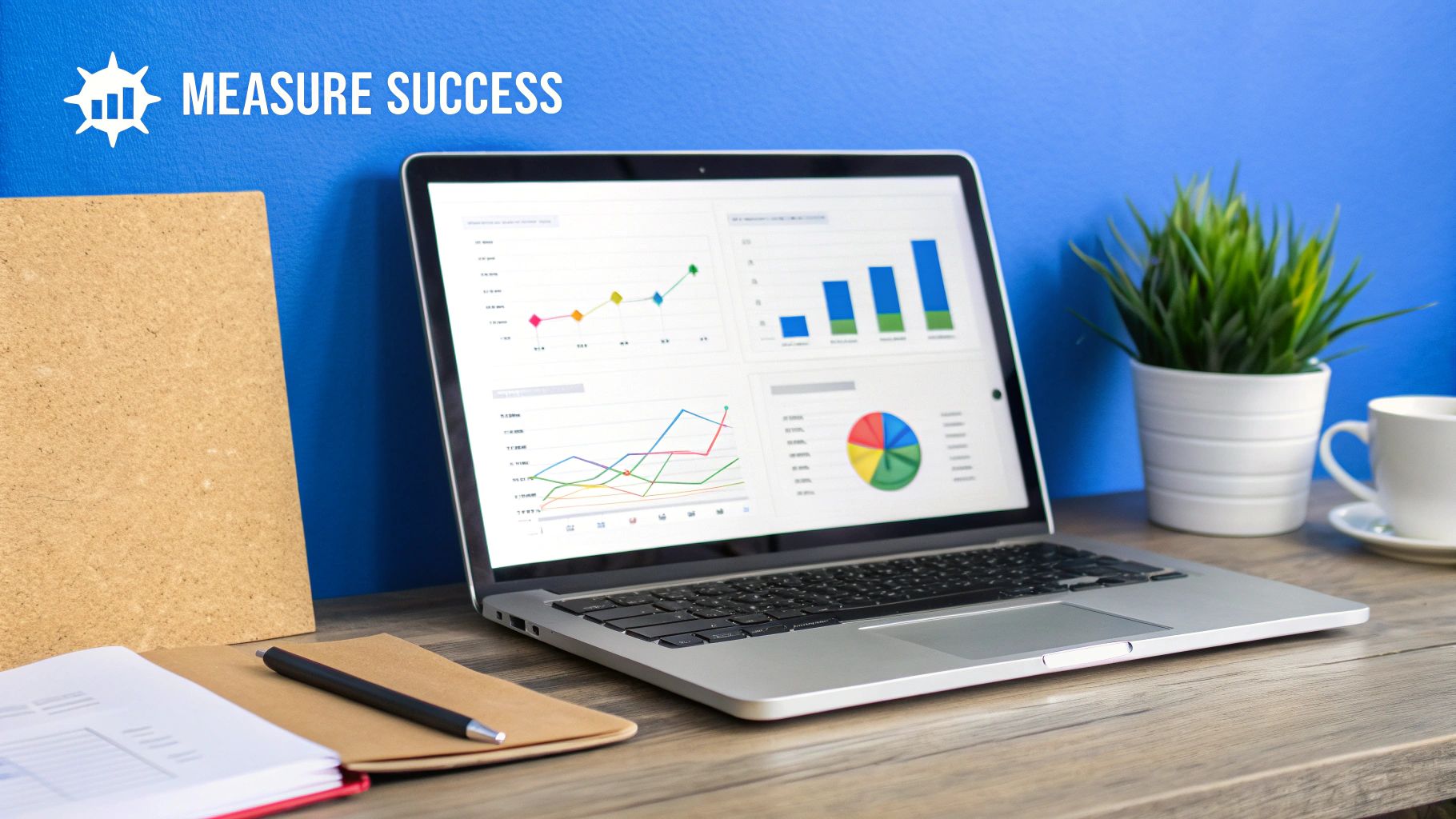 A laptop displaying data analytics charts and graphs, with notebooks and a plant on a desk.